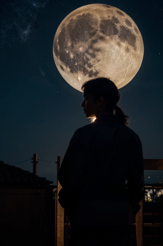 highest quality,big moon and shadow,A silhouette of a person can be seen against the background of the big moon.,There is one full moon,There is a mood,beautiful scenery,starry sky