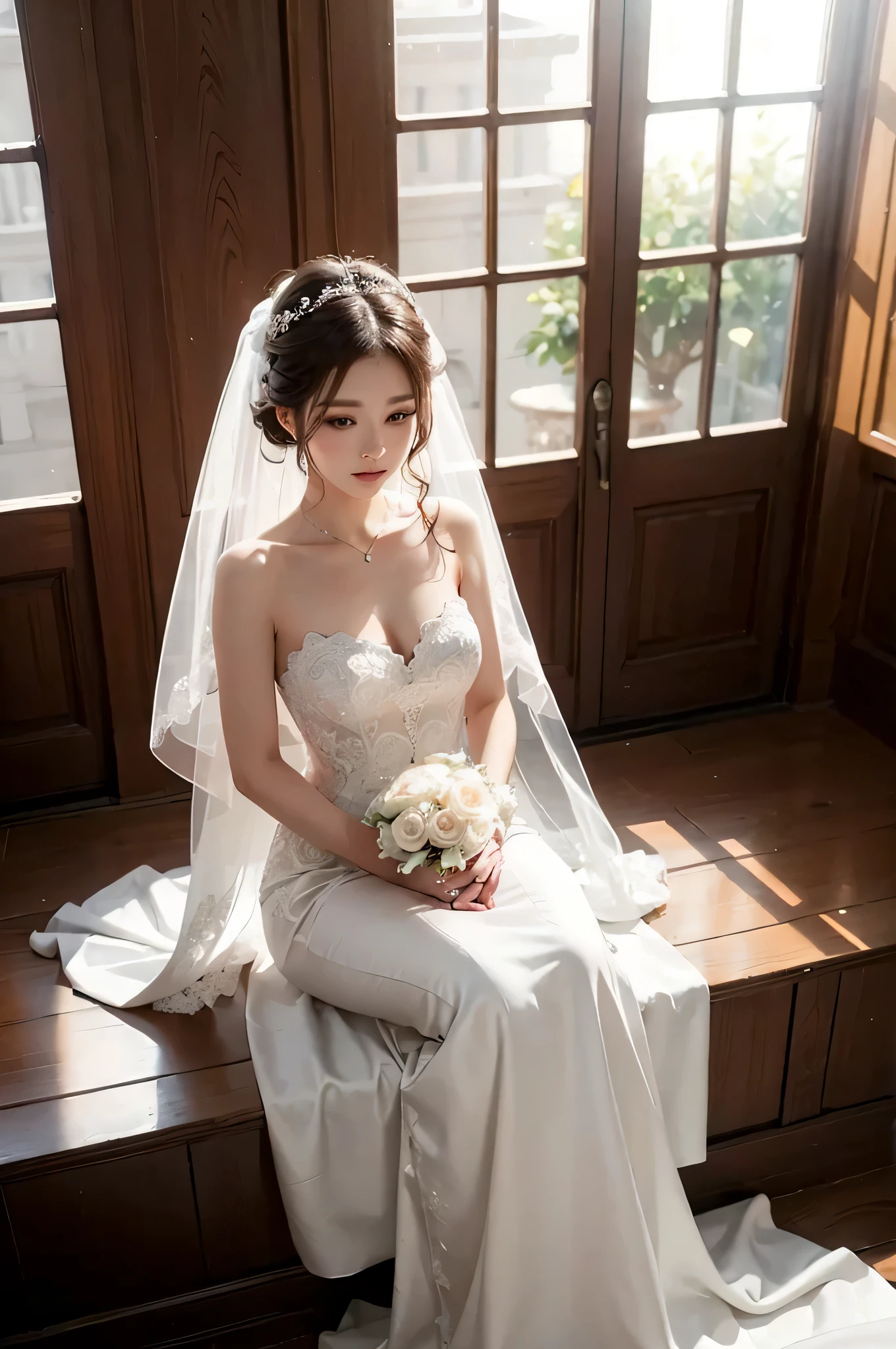 ((best quality)), ((masterpiece)), (detailed), perfect face, Araffed woman sitting in wedding dress, korean beauty, Pure white elegant wedding dress, Veil reaching to the floor, Sunlight shining on white curtains, different actions,