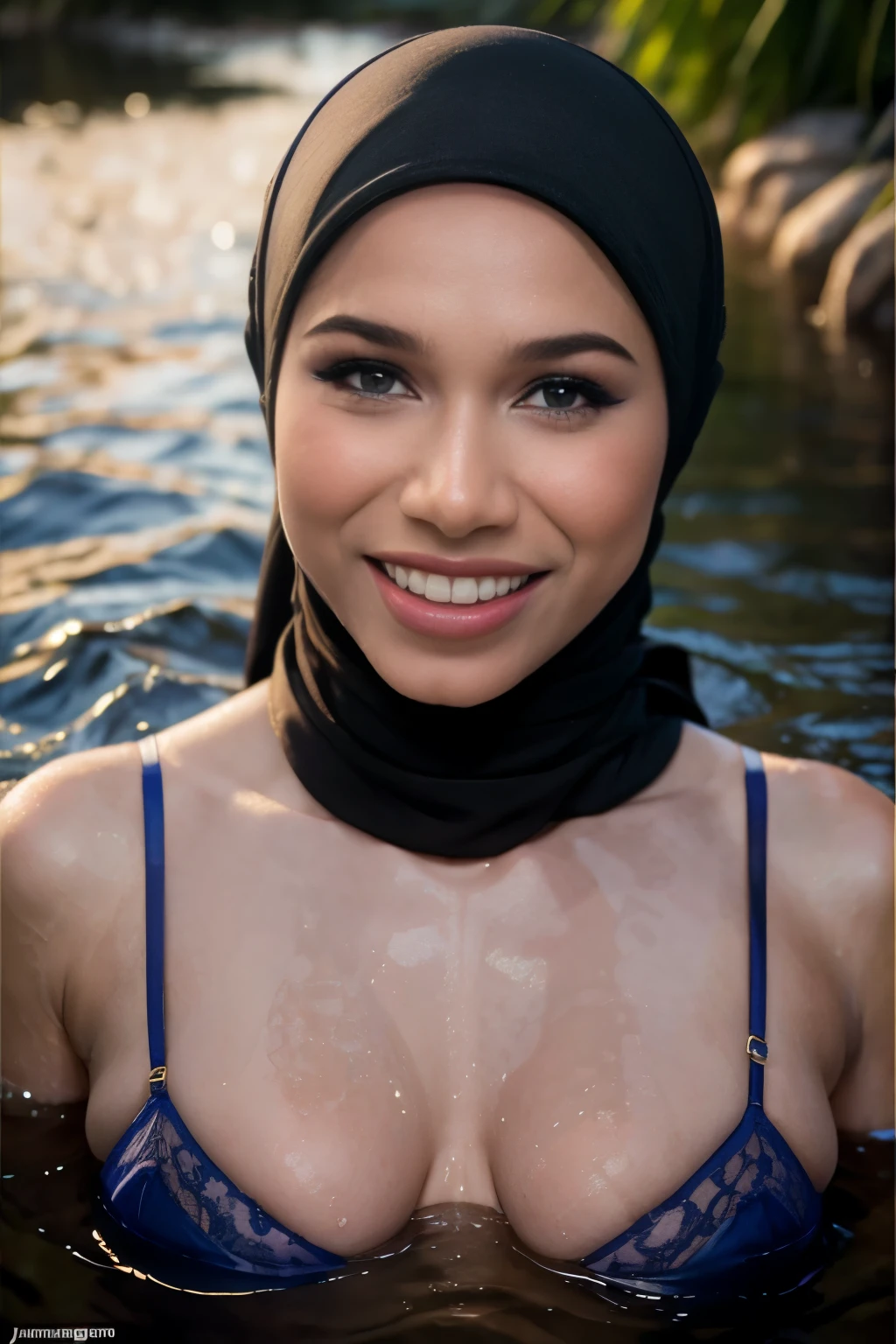 imantroye, close-up portrait of a beautiful woman hijab, smile, bathing in a river, wearing suit lingerie, (backlight), realistic, masterpiece, high quality, lens reflection, shadow, flower, [[chromatic aberration]], by Jeremy Lipking, by Antonio J. Manzanedo, digital painting,