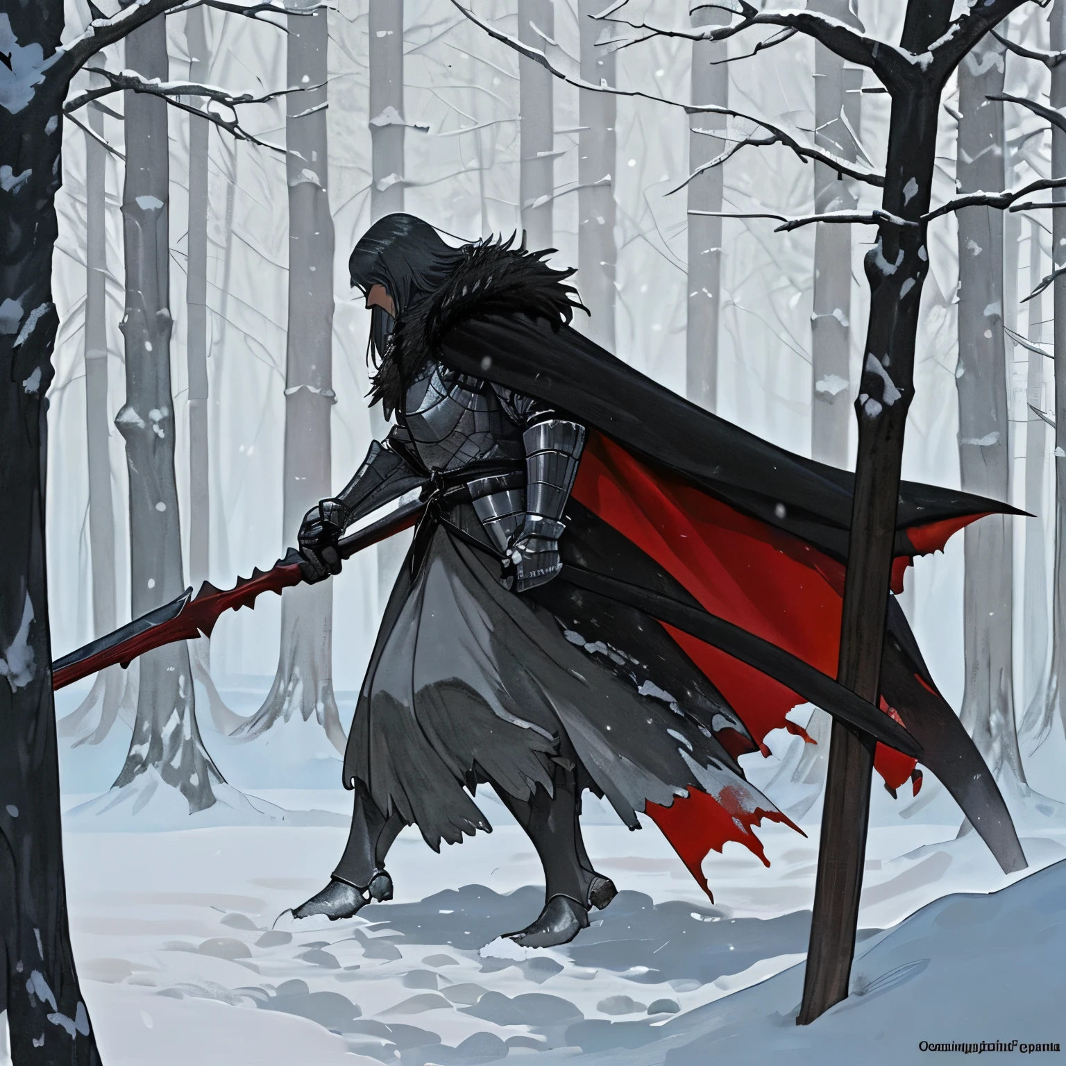 A knight in dark armor and a warm cloak, with long thick black fur on the shoulders of the cloak. He can be seen sideways, he walks in profile, through the night and dark snow-covered fairy forest, around twilight, snow and trees. The knight goes and drags a large claymore in blood, the claymore drags through the snow, leaving a bloody furrow in the snow