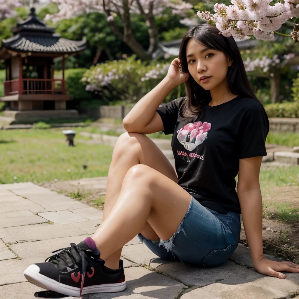 A 30-year-old Indonesian woman, wearing a black tight T-shirt, jeans, black and red sneakers, who is sitting eating grapes in the unggu cherry blossom garden, with purple cherry blossom garden in the background, detail.hd.