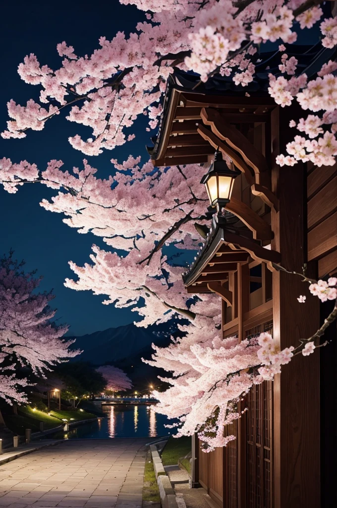 highest quality、Cherry blossoms at night、Cherry tree in full bloom、full moon、petal、light up、beautiful、fantasy