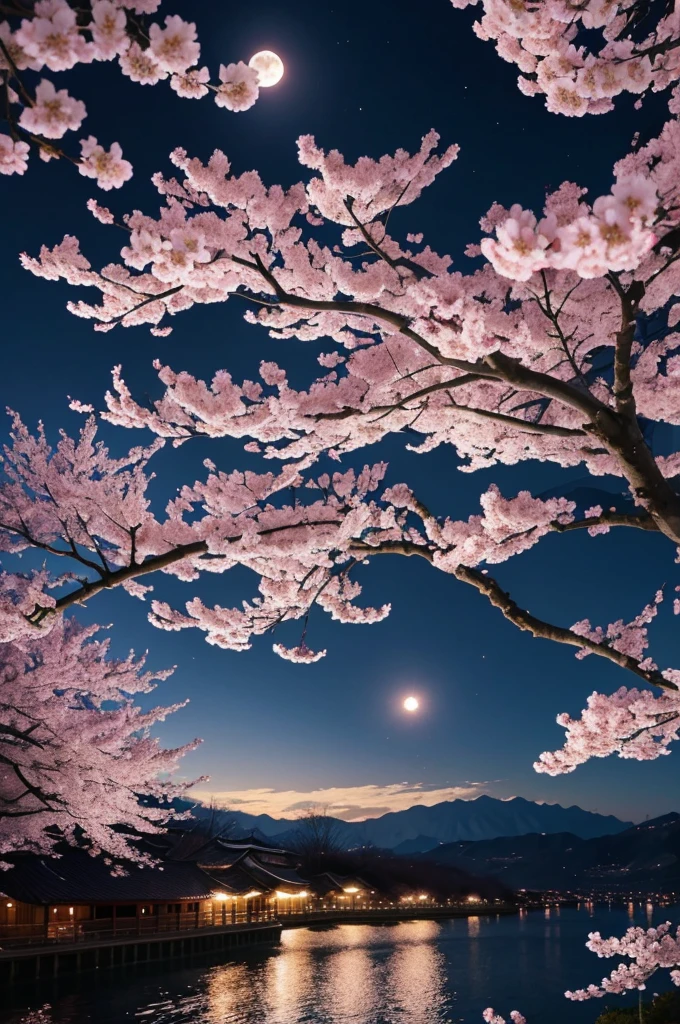 highest quality、Cherry blossoms at night、Cherry tree in full bloom、full moon、petal、light up、beautiful、fantasy