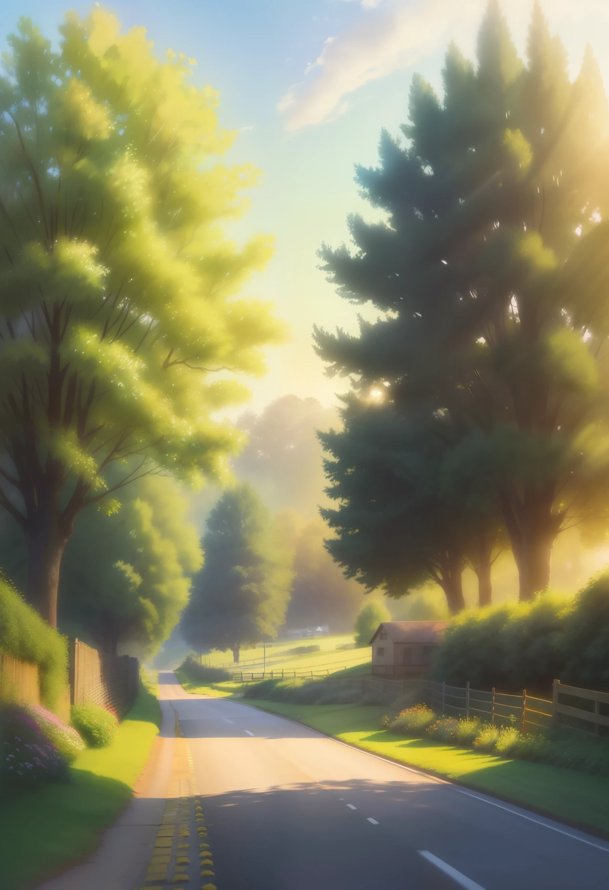 A peaceful countryside road in the morning sunlight, with green leaves gently swaying in the breeze. The fields are vibrant with lush green wheat crops, exuding a sense of vitality. In the distance, a bird happily sings on a branch, welcoming the new day. The air is filled with a faint floral fragrance, creating a serene and comfortable atmosphere. The entire scene radiates the essence of spring, brimming with energy and joy. Medium: Watercolor painting, soft pastels Additional details: Rustic wooden fences lining the road, a quaint old-fashioned water well, wildflowers dotted along the path Image quality: (best quality,4k,8k,highres,masterpiece:1.2), ultra-detailed, (realistic,photorealistic,photo-realistic:1.37), HDR, vivid colors, sharp focus Art style: Landscape, impressionistic Color tones: Soft pastel hues, earthy greens and browns Lighting: Gentle, warm morning sunlight filtering through the mist