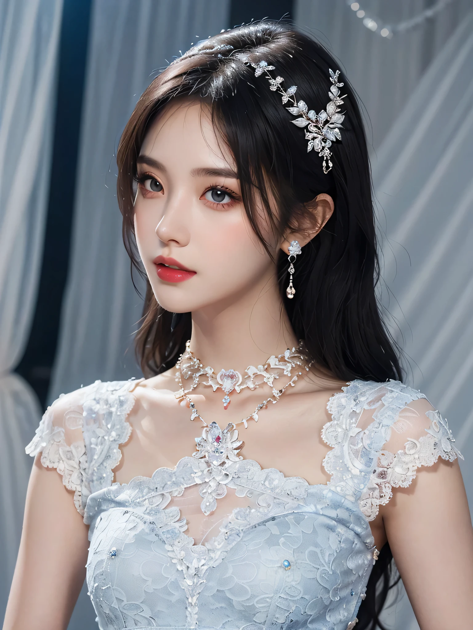 8k, masterpiece, 1 girl, beautiful face, white skin, very long hair, light makeup, detailed eyes, detailed lips, small ??????? tight, realistic detailed, very detailed dress, princess dress, blue dress, (wearing jewellery:1.5), (lace:1.4), ((stage background)), attractive poses,