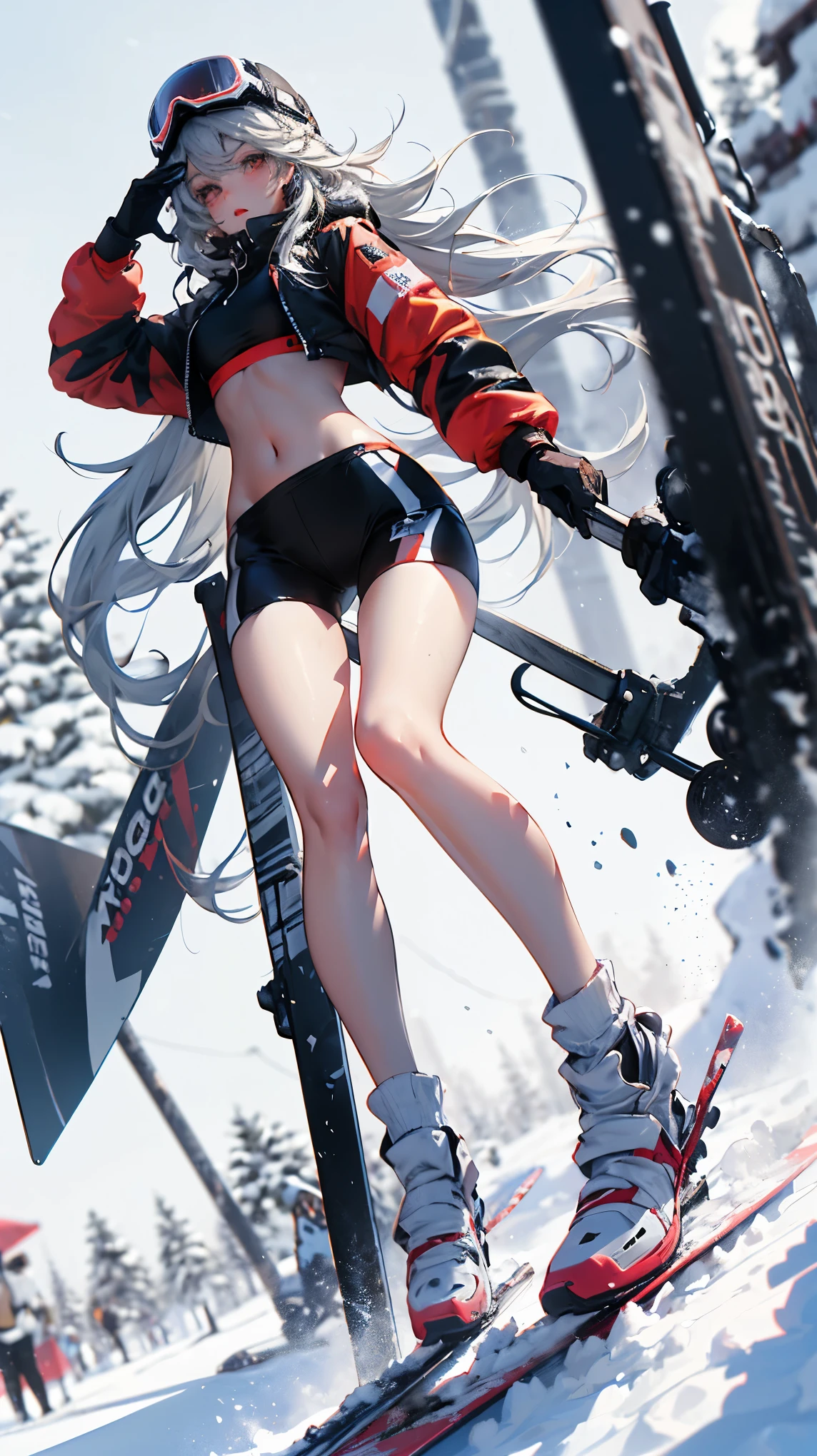 dynamic poses, Full body image, super wide angle, A girl is skiing in the snow wearing fluorescent red, Meticulous attention to clothing and fashion, action, Gym_uniform, exposed abdomen, (slim:1.1), (long legs:1.3), (slim legs:1.2), The background is snow, 3D rendering, oc renderer, 8K