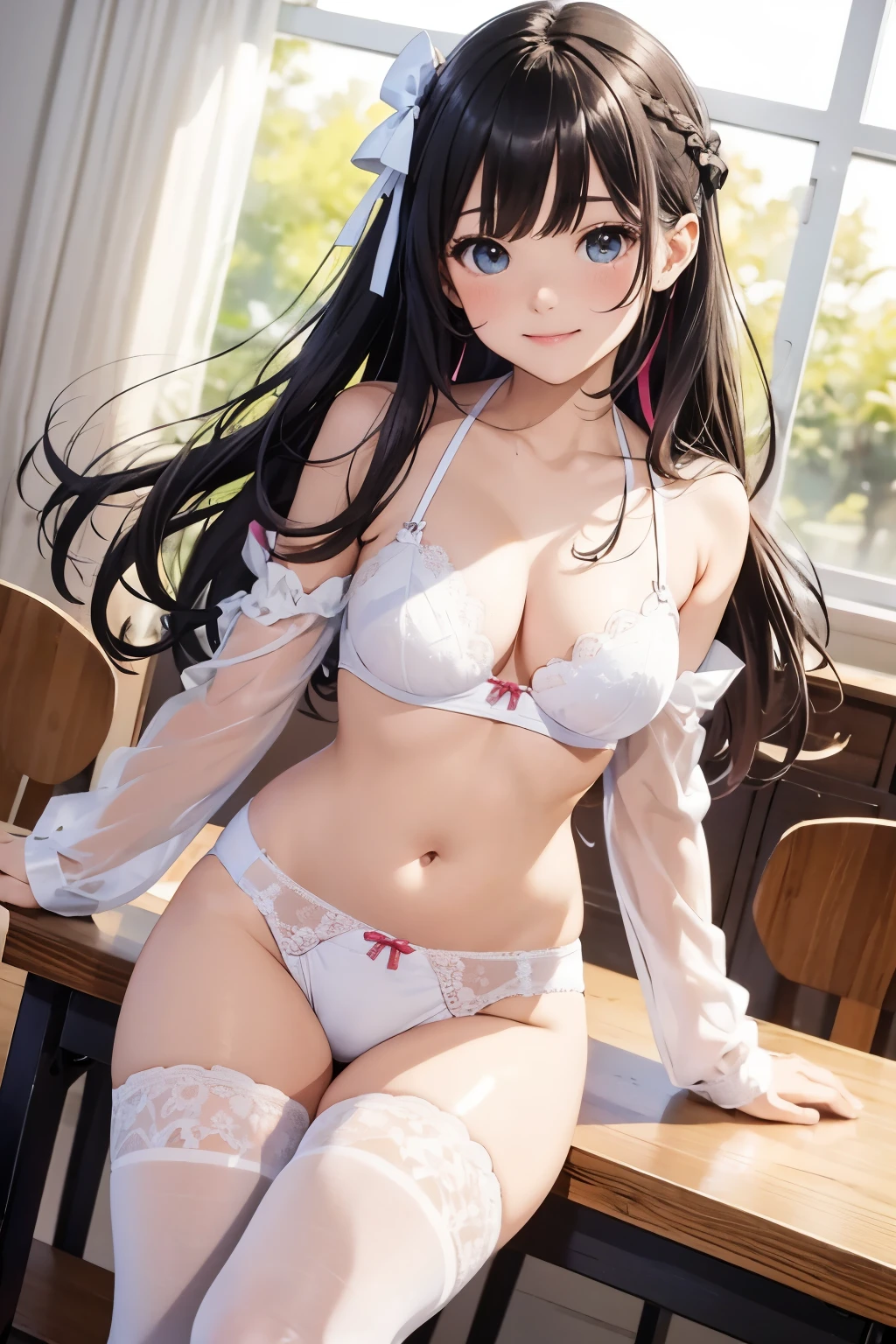 highest quality、all limbs、、full finger、cute hairstyle、cute colorful hair ribbon、colorful hair color、cute colorful tights、Small breasts、sing、dancing、classroom、big smile、(white horizontal lace panties:1.1), skirt lift, shirt lift, show off panties、(show off your bra:0.94)