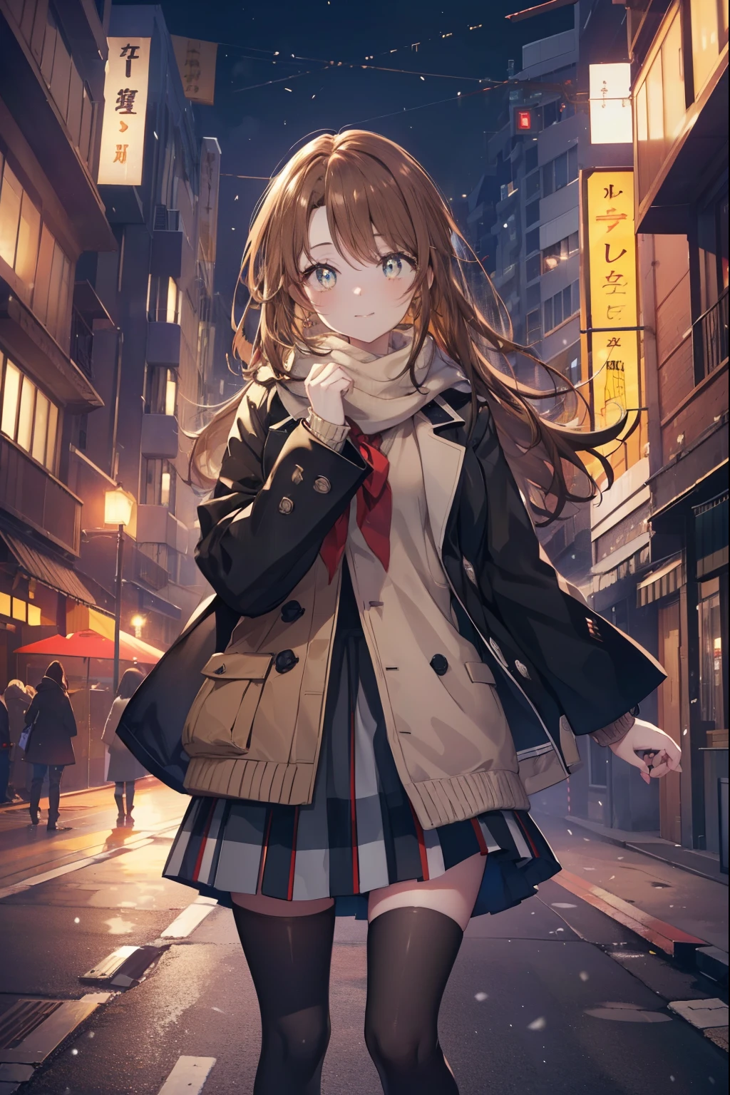 irohaisshiki, Isshiki Iroha, long hair, brown hair, (brown eyes:1.5), smile,blush,yellow long coat,sweater,red muffler,ankle length black long skirt,black tights,short boots,winter,that'It's snowing,
break outdoors, city,building street,
break looking at viewer,
break (masterpiece:1.2), highest quality, High resolution, unity 8k wallpaper, (shape:0.8), (beautiful and detailed eyes:1.6), highly detailed face, perfect lighting, Very detailed CG, (perfect hands, perfect anatomy),