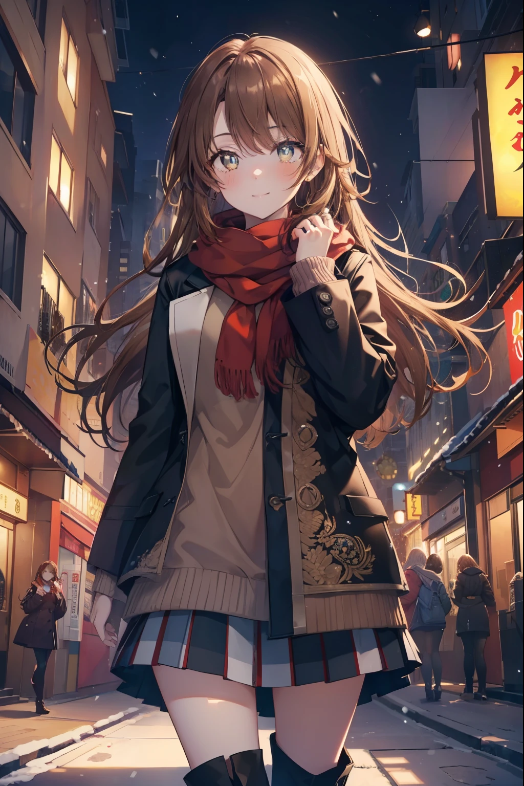 irohaisshiki, Isshiki Iroha, long hair, brown hair, (brown eyes:1.5), smile,blush,yellow long coat,sweater,red muffler,ankle length black long skirt,black tights,short boots,winter,that'It's snowing,
break outdoors, city,building street,
break looking at viewer,
break (masterpiece:1.2), highest quality, High resolution, unity 8k wallpaper, (shape:0.8), (beautiful and detailed eyes:1.6), highly detailed face, perfect lighting, Very detailed CG, (perfect hands, perfect anatomy),