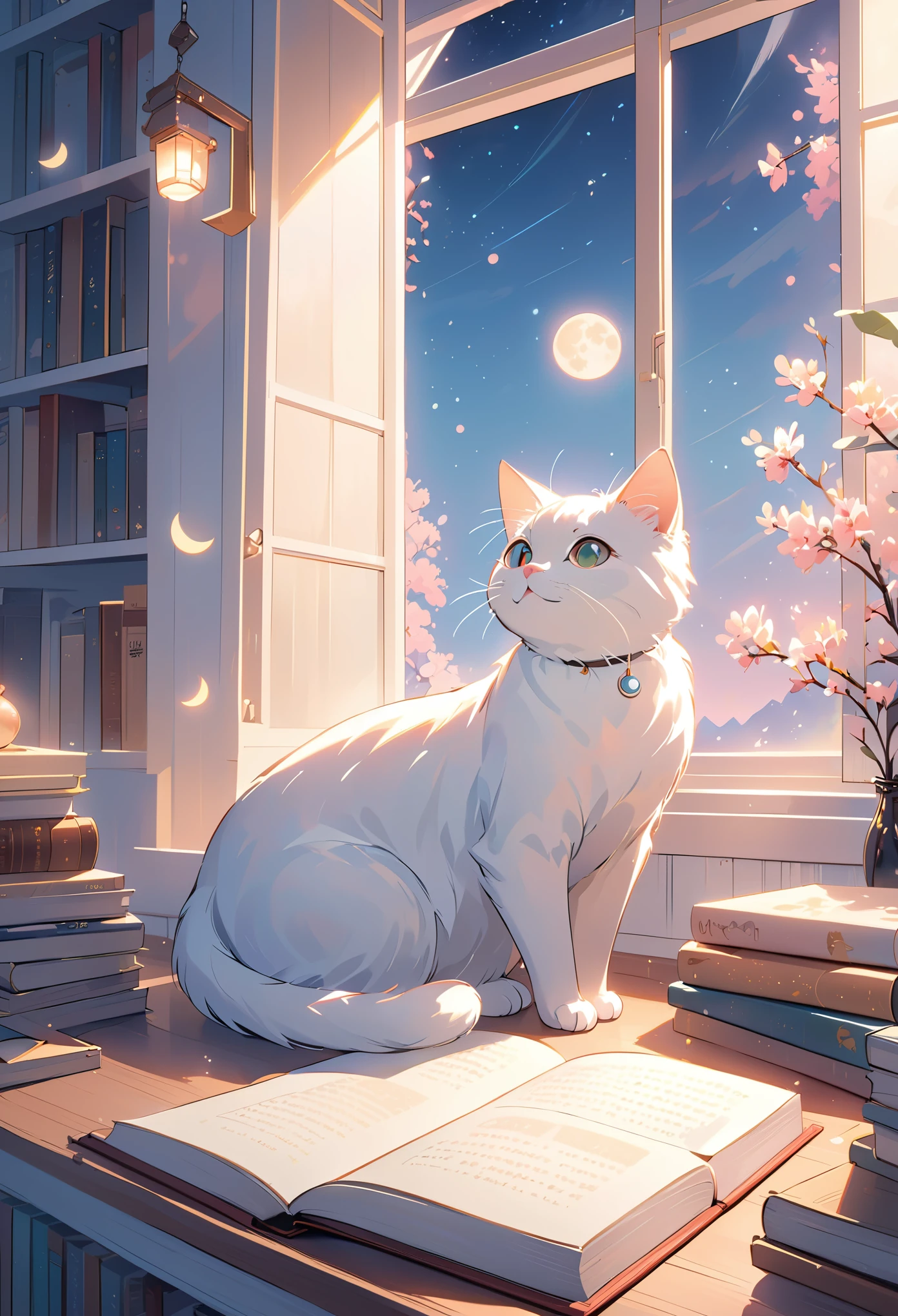 (best quality:1.2), Beautiful lo-fi minimalist vibe, Cat, Book, window, moon, light bokeh, pastel colors, Glittering, dynamic side angle, natural soft lighting, 8K resolution, digit, Soft four colors