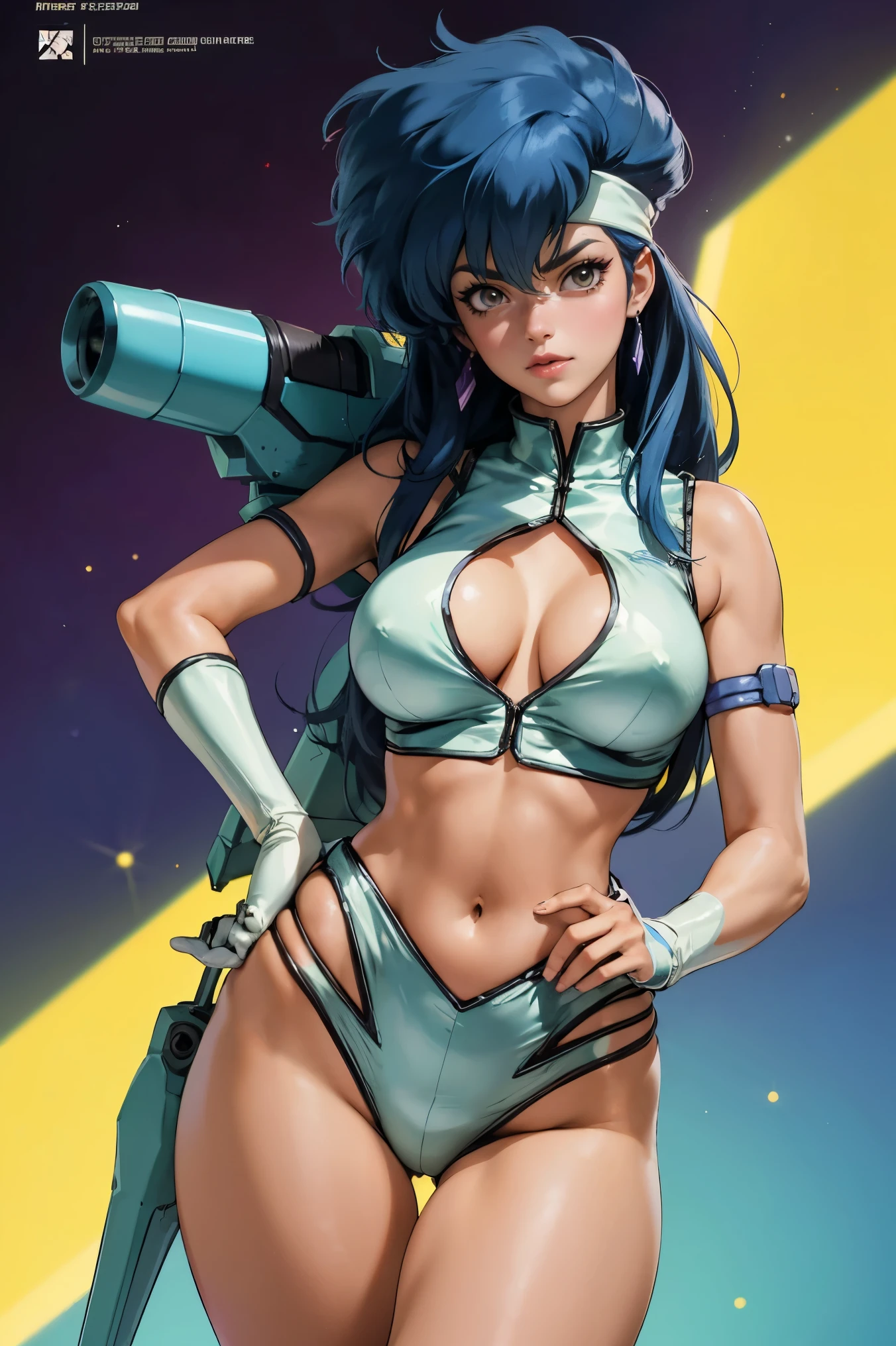 Yuri from The Dirty Pair, , wearing a tight outfit, skimpy, medium breast, (long hair), dark blue hair, beauty, cyberpunk city background, holding retro space-gun, cleavage, slim waist, slim thighs, thigh gap, (light yellow uniform), show belly