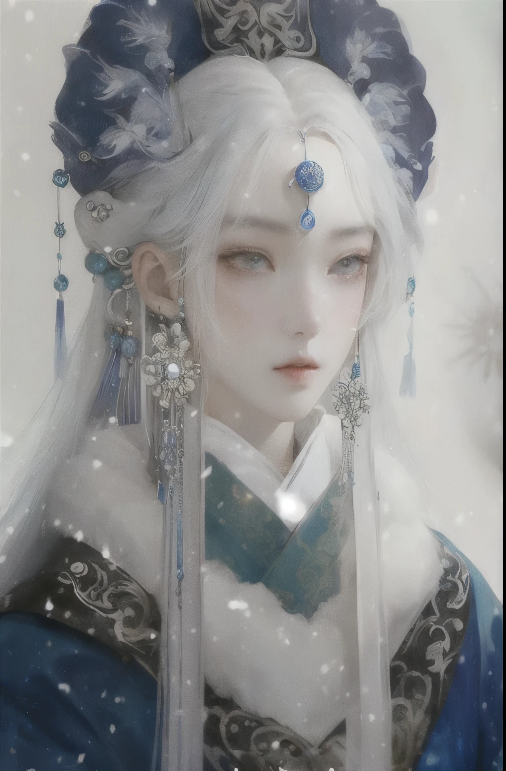 imagen con color intenso, color muy vivo, un primer plano de una mujer con cabello blanco y vestido azul, ((a beautiful fantasy empress)), palacio, una chica en hanfu, a beautiful fantasy empress, deidad de pelo blanco, hermosa pintura de personajes, fantasía xianxia, Hanfu blanco, guweiz, hanfu, chinese fantasy, obra de arte al estilo de guweiz, reina del invierno