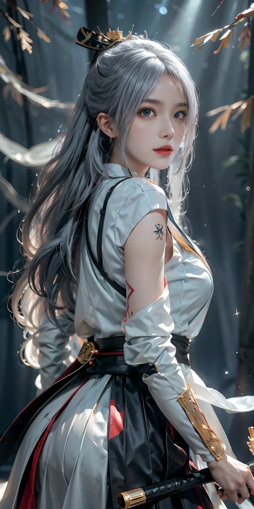 lifelike, high resolution, soft Light,1 female, alone, Buttocks up, (Detailed face), us \(piece\), tattoo, jewelry,long_hair, firefly, Light_particle, 松tree_tree, snowflake_background, milky_Way, antenna_fireworks, headgear, Place arms behind body, blue_Eye, Samurai sword