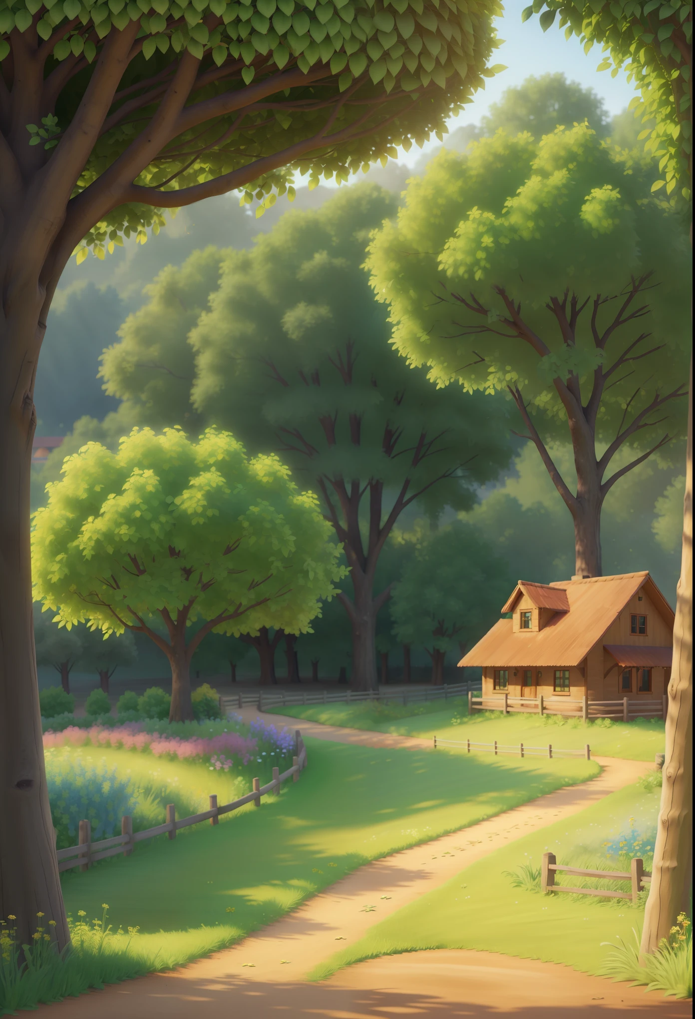 A peaceful countryside road in the morning sunlight, with green leaves gently swaying in the breeze. The fields are vibrant with lush green wheat crops, exuding a sense of vitality. In the distance, a bird happily sings on a branch, welcoming the new day. The air is filled with a faint floral fragrance, creating a serene and comfortable atmosphere. The entire scene radiates the essence of spring, brimming with energy and joy. Medium: Watercolor painting, soft pastels Additional details: Rustic wooden fences lining the road, a quaint old-fashioned water well, wildflowers dotted along the path Image quality: (best quality,4k,8k,highres,masterpiece:1.2), ultra-detailed, (realistic,photorealistic,photo-realistic:1.37), HDR, vivid colors, sharp focus Art style: Landscape, impressionistic Color tones: Soft pastel hues, earthy greens and browns Lighting: Gentle, warm morning sunlight filtering through the mist
