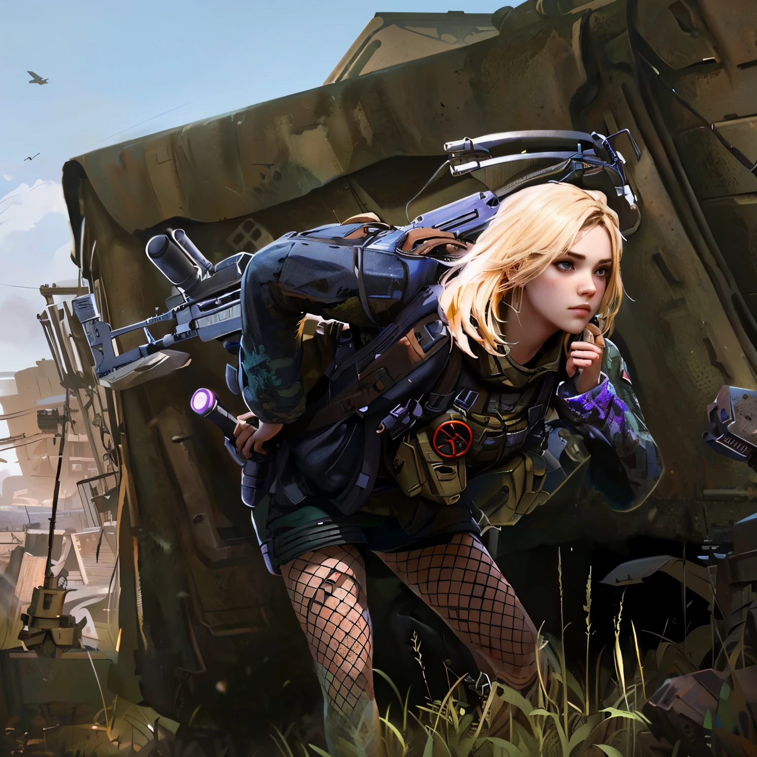 blond woman with a gun and a backpack in a field, mechanized soldier girl, artwork in the style of guweiz, infantry girl, of a sniper girl in war, deviantart artstation cgscosiety, by Ni Yuanlu, fps game concept art, by Yang J, wojtek fus, detailed game art illustration, background artwork