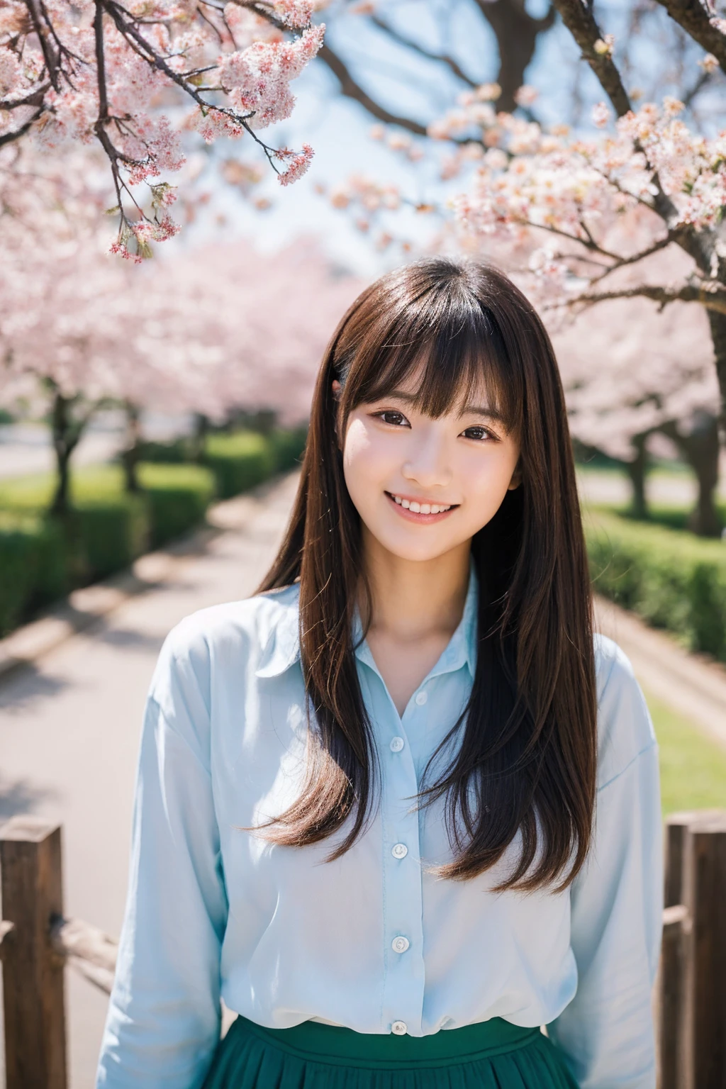 8K、highest quality、masterpiece、超A high resolution、photograph、The elegance of beautiful Japanese women、Single-lens reflex camera、There are some good ones too、A transparent atmosphere、sexy lip、slanted bangs、beautiful face、medium long hair、make bangs、smile、natural soft light、22 year old girl wearing a suit、wear a skirt、country road、Cherry tree,sitting on a picnic sheet,