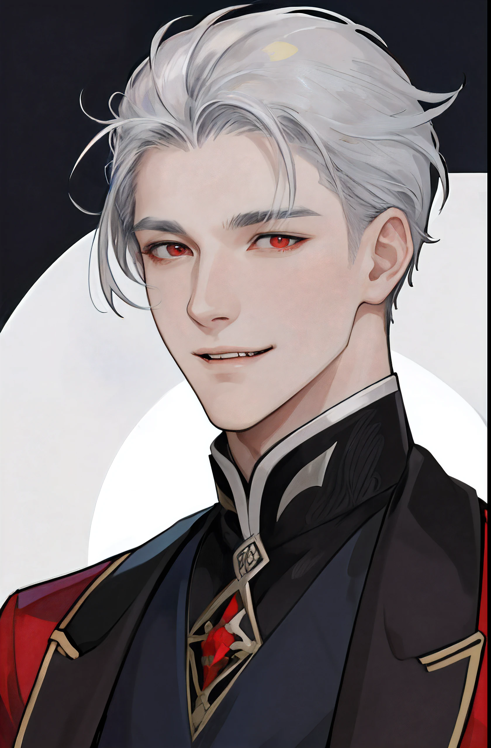 ​masterpiece, top-quality, It's real, 1 persons, Mature men, tall muscular, a handsome, Childish smile, portraitures, extra detailed face, (shorth hair), (Silver hair),（red eyes）,Vampires