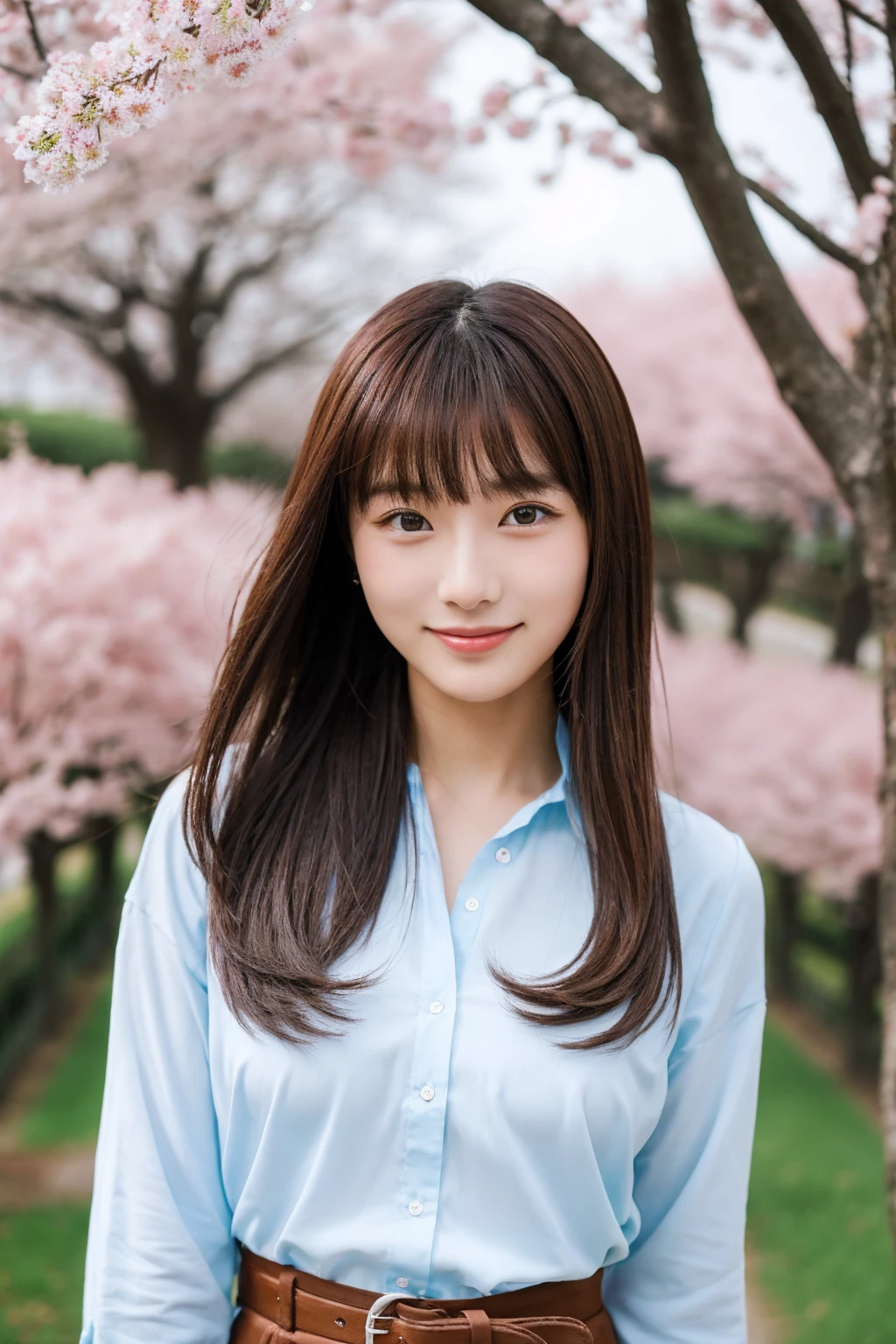 8K、highest quality、masterpiece、超A high resolution、photograph、The elegance of beautiful Japanese women、Single-lens reflex camera、There are some good ones too、A transparent atmosphere、sexy lip、slanted bangs、beautiful face、medium long hair、make bangs、smile、natural soft light、22 year old girl wearing a suit、wear a skirt、country road、Cherry tree,On a date,
