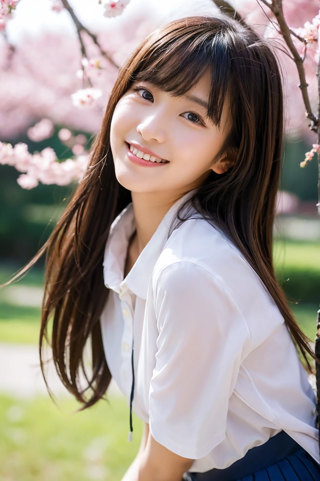 8K、highest quality、masterpiece、超A high resolution、photograph、The elegance of beautiful Japanese women、Single-lens reflex camera、There are some good ones too、A transparent atmosphere、sexy lip、slanted bangs、beautiful face、medium long hair、make bangs、smile、natural soft light、22 year old girl wearing a suit、wear a skirt、country road、Cherry tree,On a date,