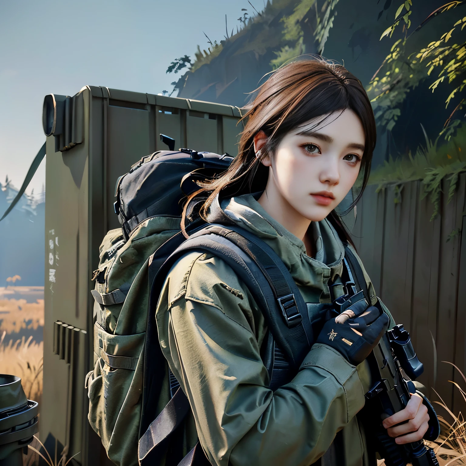 blond woman with a gun and a backpack in a field, mechanized soldier girl, artwork in the style of guweiz, infantry girl, of a sniper girl in war, deviantart artstation cgscosiety, by Ni Yuanlu, fps game concept art, by Yang J, wojtek fus, detailed game art illustration, background artwork