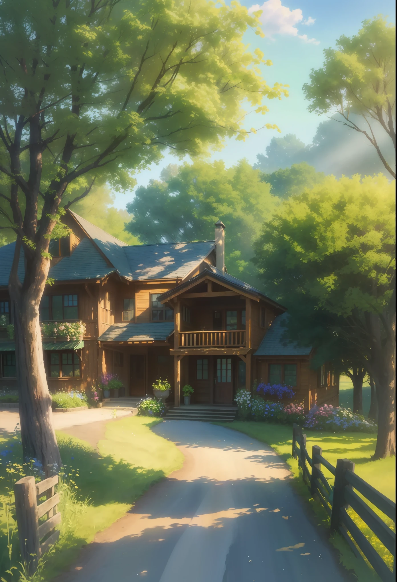 A peaceful countryside road in the morning sunlight, with green leaves gently swaying in the breeze. The fields are vibrant with lush green wheat crops, exuding a sense of vitality. In the distance, a bird happily sings on a branch, welcoming the new day. The air is filled with a faint floral fragrance, creating a serene and comfortable atmosphere. The entire scene radiates the essence of spring, brimming with energy and joy. Medium: Watercolor painting, soft pastels Additional details: Rustic wooden fences lining the road, a quaint old-fashioned water well, wildflowers dotted along the path Image quality: (best quality,4k,8k,highres,masterpiece:1.2), ultra-detailed, (realistic,photorealistic,photo-realistic:1.37), HDR, vivid colors, sharp focus Art style: Landscape, impressionistic Color tones: Soft pastel hues, earthy greens and browns Lighting: Gentle, warm morning sunlight filtering through the mist