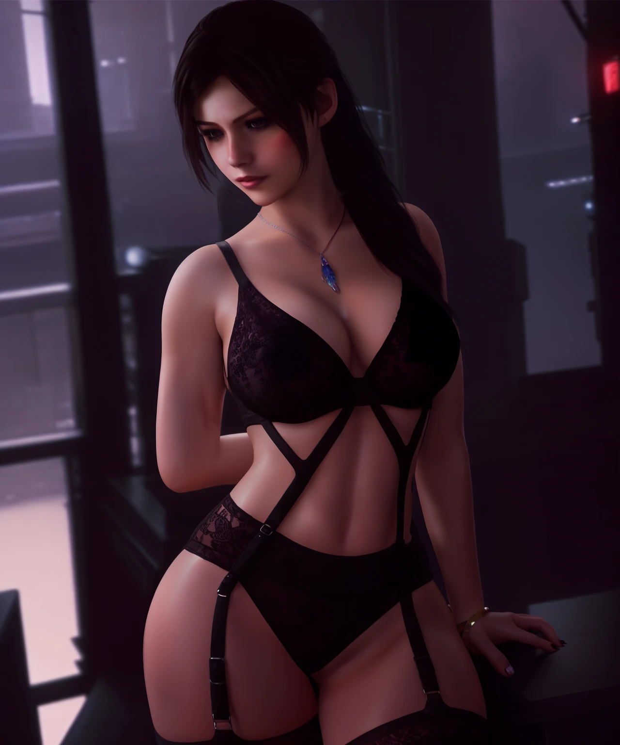 Claire Redfield, a cute woman, in black lace lingerie, lace stockings, open red jacket, busty, sexy, perfect body, perfect figure, perfect lighting, posing, by conor harrington, (looking at viewer:1.1) (from above:1.1), (Cyberpunk), futuristic, neon, urban, dystopian, cyberpunk, in heavy raining futuristic tokyo rooftop cyberpunk night, sci-fi, fantasy, intricate, very very beautiful, elegant, neon light, highly detailed, digital painting, artstation, concept art, soft light, hdri, smooth, sharp focus, illustration, art by tian zi and craig mullins and wlop and alphonse mucha,