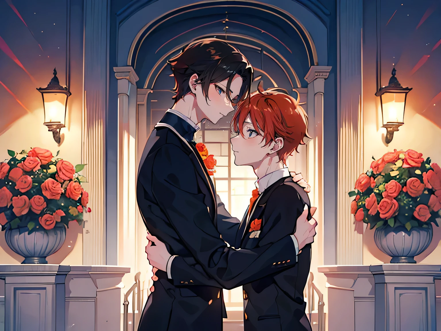((best quality)), ((masterpiece)), (detailed), perfect face, 2 boys, gay couple, one boy with dark black hair and dark brown eyes and is tall and handsome, looks fierce and bold, tsundere, very tall, hot and other boy has orange hair and orange eyes and is cute adorable and is bubbly and shorter, short height, baby face, blushing looks like innocent and shy, they are in love, romance, gay couple, bl couple, yaoi, 4k ultra anime quality, anime ARTSTYLE, bl yaoi, hugging, 4k anime art style, cute, holding roses, roses