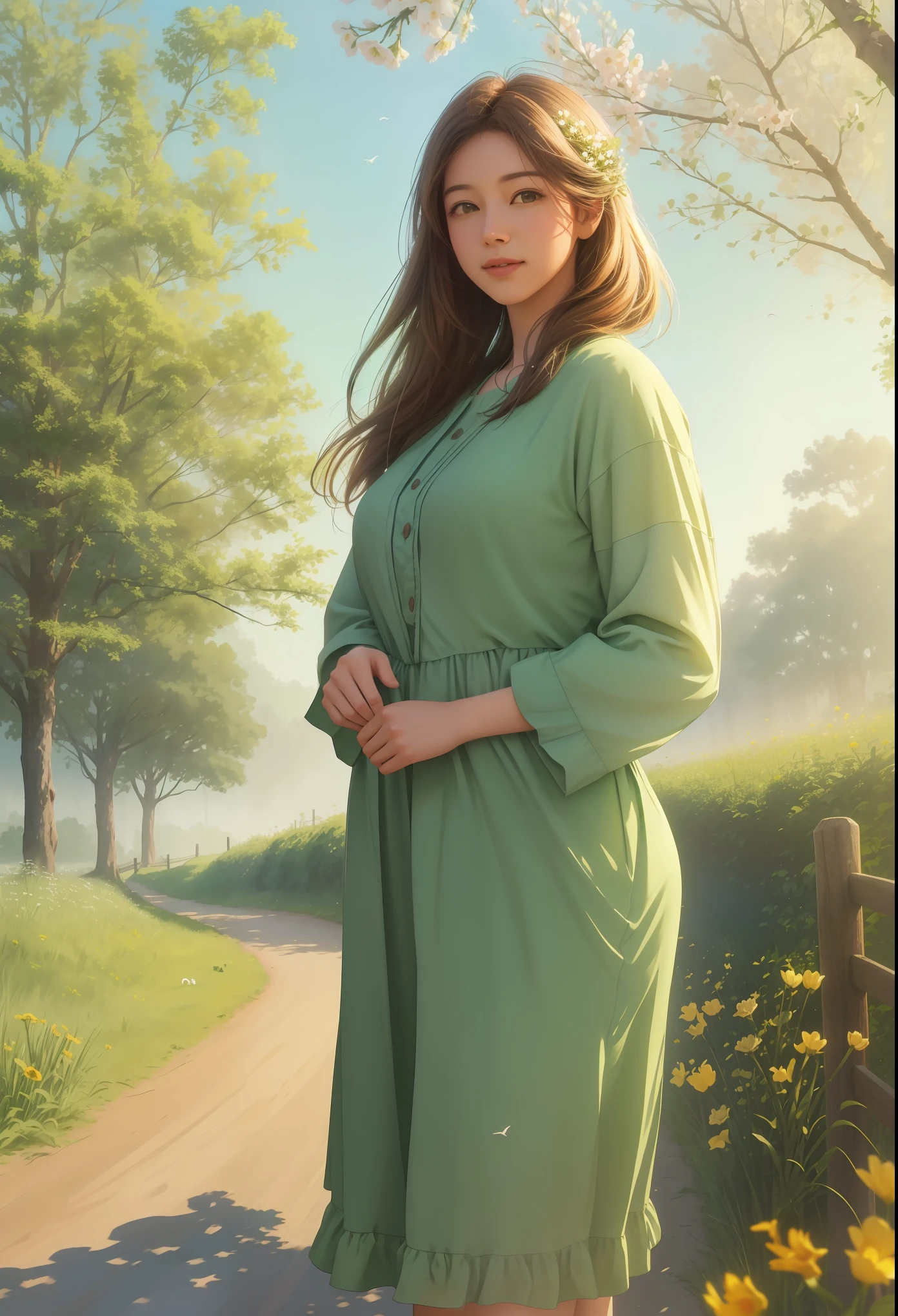 A peaceful countryside road in the morning sunlight, with green leaves gently swaying in the breeze. The fields are vibrant with lush green wheat crops, exuding a sense of vitality. In the distance, a bird happily sings on a branch, welcoming the new day. The air is filled with a faint floral fragrance, creating a serene and comfortable atmosphere. The entire scene radiates the essence of spring, brimming with energy and joy. Medium: Watercolor painting, soft pastels Additional details: Rustic wooden fences lining the road, a quaint old-fashioned water well, wildflowers dotted along the path Image quality: (best quality,4k,8k,highres,masterpiece:1.2), ultra-detailed, (realistic,photorealistic,photo-realistic:1.37), HDR, vivid colors, sharp focus Art style: Landscape, impressionistic Color tones: Soft pastel hues, earthy greens and browns Lighting: Gentle, warm morning sunlight filtering through the mist