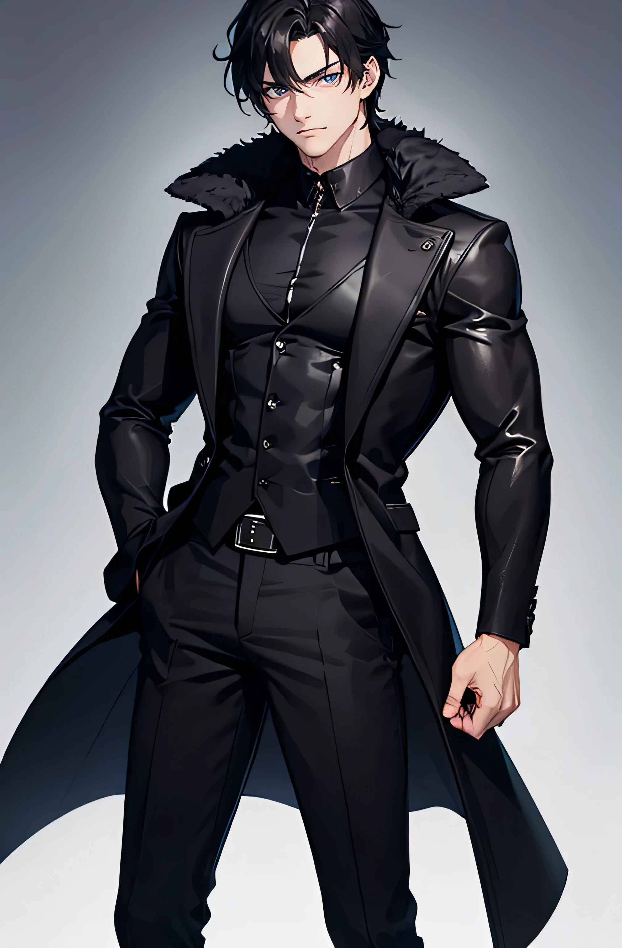 Muscular guy, black hair, black long coat, black pants, blue eyes