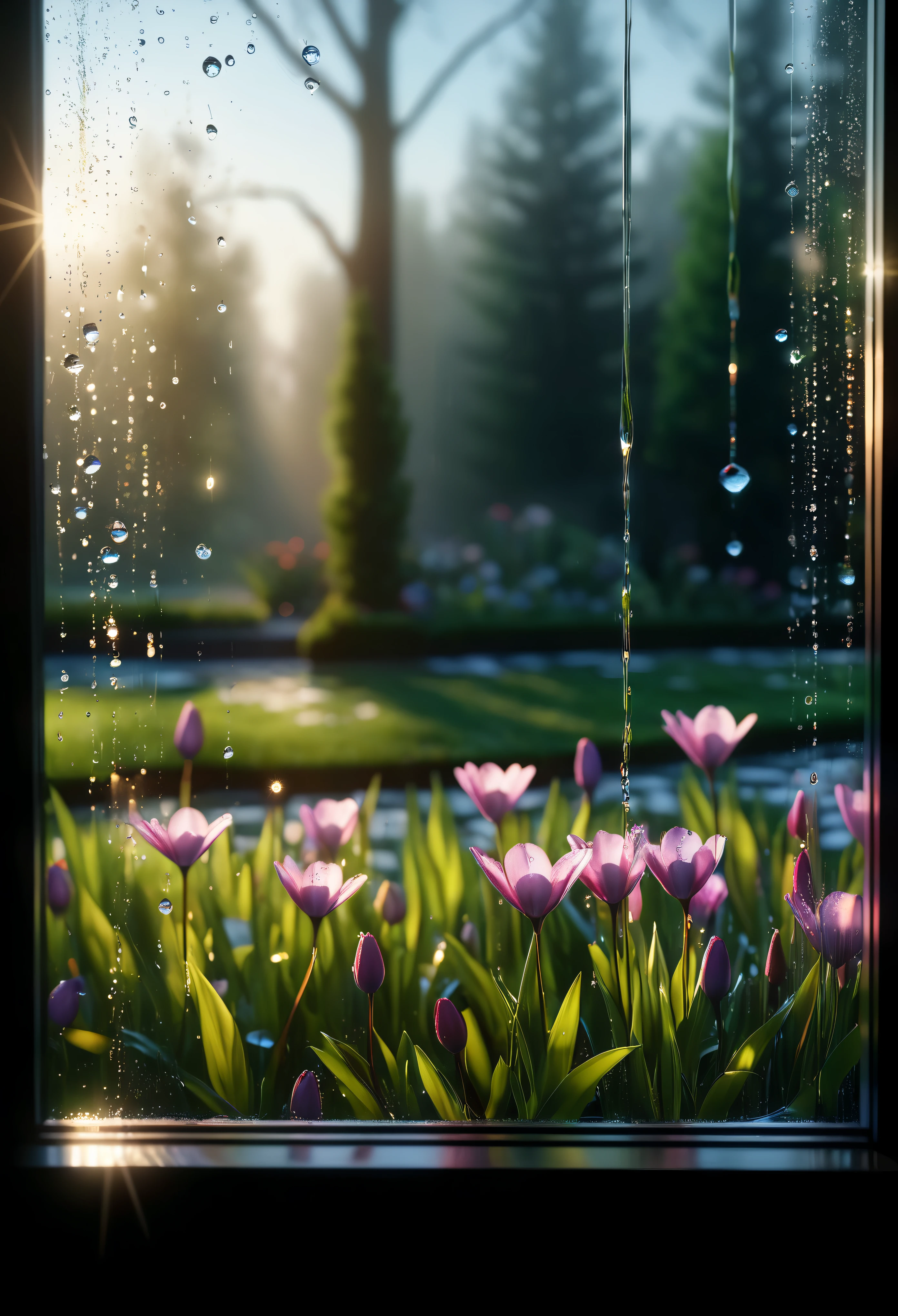 ((Masterpiece in maximum 16K resolution):1.6),((soft_color_photograpy:)1.5), ((Ultra-Detailed):1.4),((Movie-like still images and dynamic angles):1.3), ((motion blur):1.1),((Ultra wide angle):1.5),((macro lens photo):1.3). | (Macro shot of glass window with dripping morning dews), (glass window overlooking a garden at spring morning), award winning masterpiece with incredible details, epic stunning, ((morning dews):1.2), ((thin morning mist):1.1), ((tyndall effect):1.1), ((morning at spring ):1.2), ((spring flowers):1.2), ((fresh atmosphere):1.1), (shimmer), (visual experience), (Realism), (Realistic), award-winning graphics, dark shot, film grain, extremely detailed, Digital Art, rtx, Unreal Engine, scene concept anti glare effect, All captured with sharp focus. Rendered in ultra-high definition with UHD and retina quality, this masterpiece ensures anatomical correctness and textured skin with super detail. With a focus on high quality and accuracy, this award-winning portrayal captures every nuance in stunning 16k resolution, immersing viewers in its lifelike depiction. Avoid extreme angles or exaggerated expressions to maintain realism. ((perfect_composition, perfect_design, perfect_layout, perfect_detail, ultra_detailed)), ((enhance_all, fix_everything)),