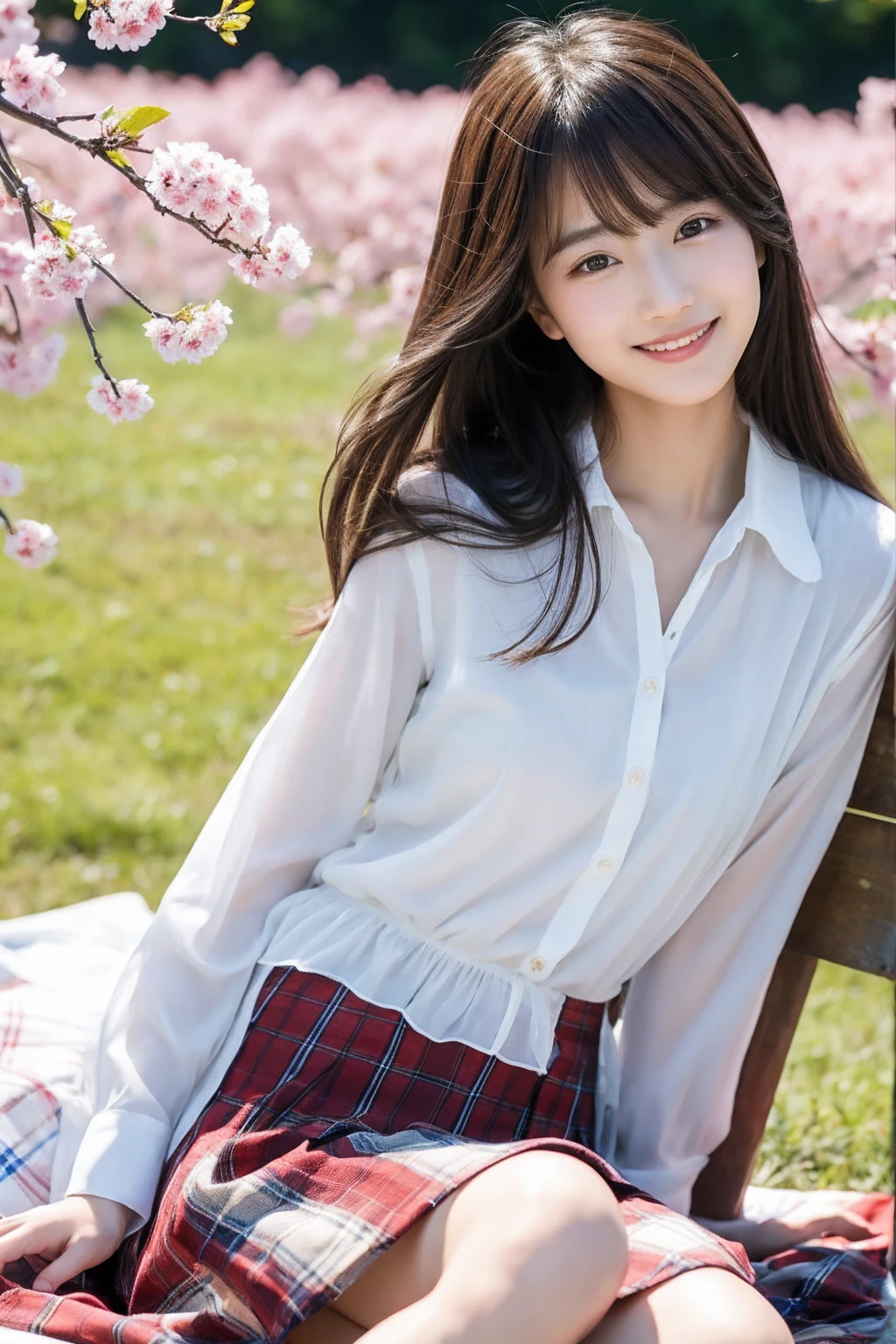 8K、highest quality、masterpiece、超A high resolution、photograph、The elegance of beautiful Japanese women、Single-lens reflex camera、There are some good ones too、A transparent atmosphere、sexy lip、slanted bangs、beautiful face、medium long hair、make bangs、smile、natural soft light、22 year old girl wearing a suit、wear a skirt、country road、Cherry tree,sitting on a picnic sheet,