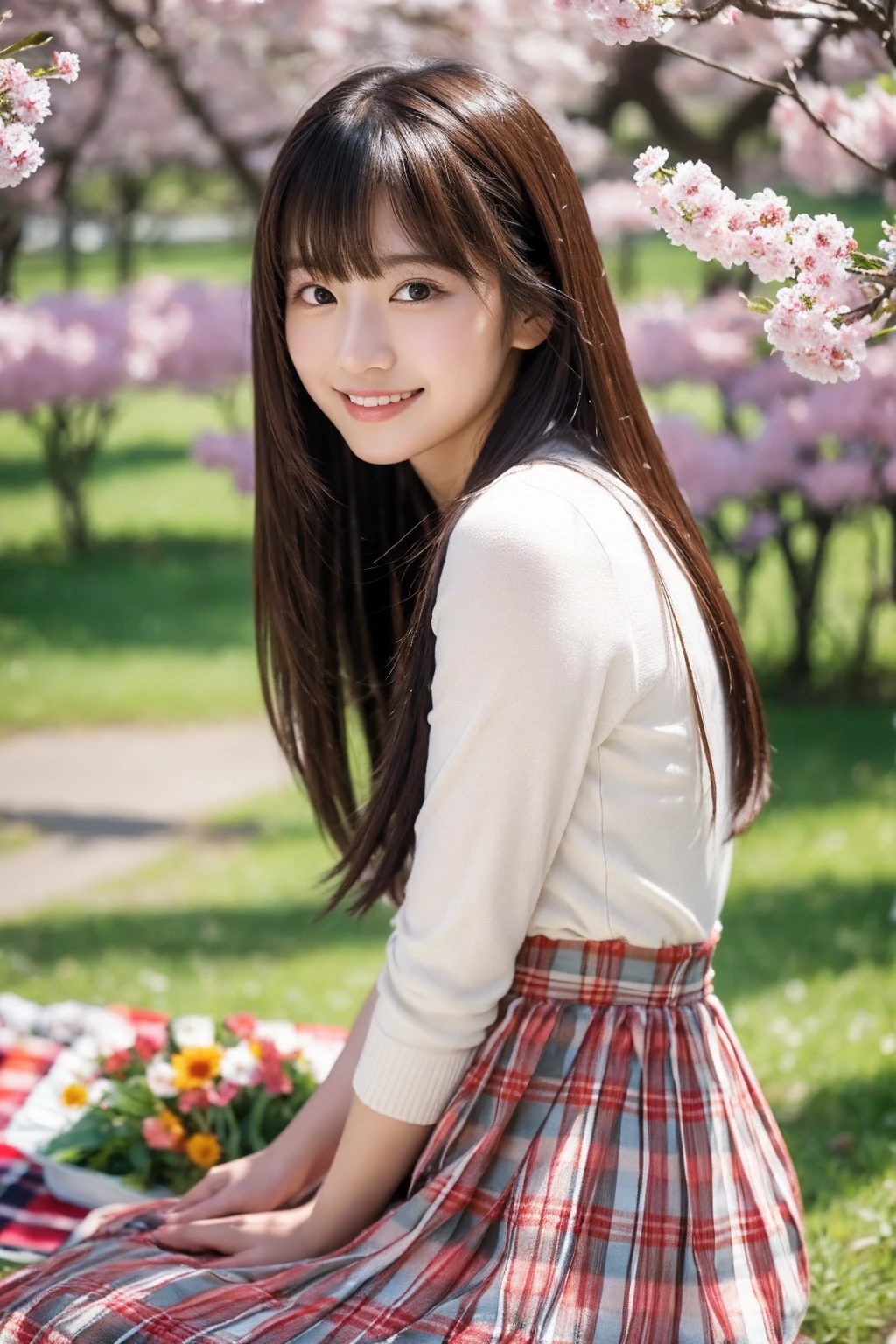 8K、highest quality、masterpiece、超A high resolution、photograph、The elegance of beautiful Japanese women、Single-lens reflex camera、There are some good ones too、A transparent atmosphere、sexy lip、slanted bangs、beautiful face、medium long hair、make bangs、smile、natural soft light、22 year old girl wearing a suit、wear a skirt、country road、Cherry tree,sitting on a picnic sheet,