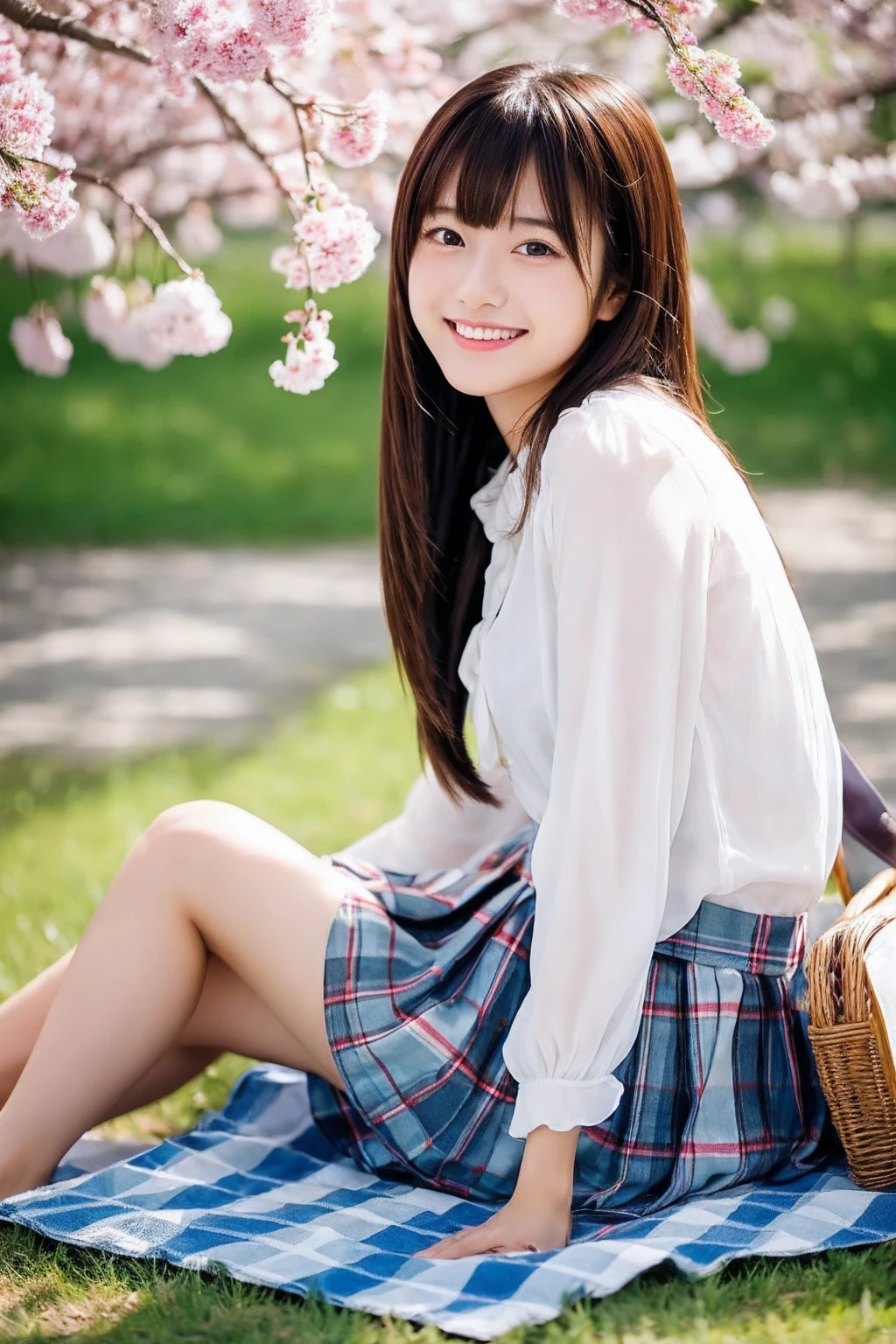 8K、highest quality、masterpiece、超A high resolution、photograph、The elegance of beautiful Japanese women、Single-lens reflex camera、There are some good ones too、A transparent atmosphere、sexy lip、slanted bangs、beautiful face、medium long hair、make bangs、smile、natural soft light、22 year old girl wearing a suit、wear a skirt、country road、Cherry tree,sitting on a picnic sheet,