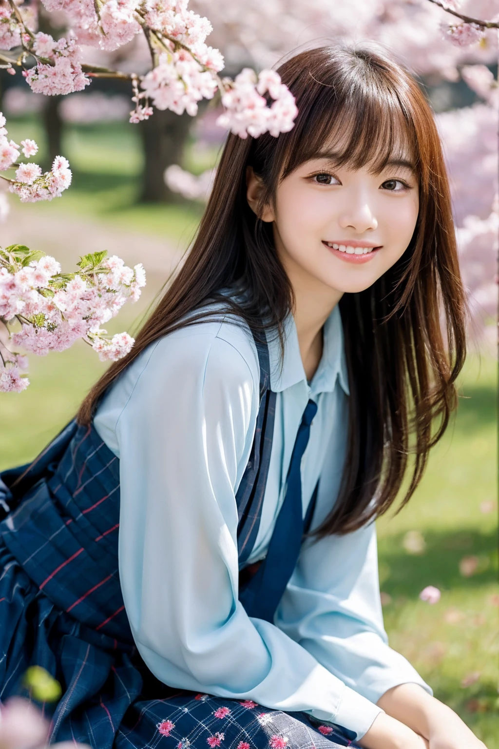 8K、highest quality、masterpiece、超A high resolution、photograph、The elegance of beautiful Japanese women、Single-lens reflex camera、There are some good ones too、A transparent atmosphere、sexy lip、slanted bangs、beautiful face、medium long hair、make bangs、smile、natural soft light、22 year old girl wearing a suit、wear a skirt、country road、Cherry tree,sitting on a picnic sheet,