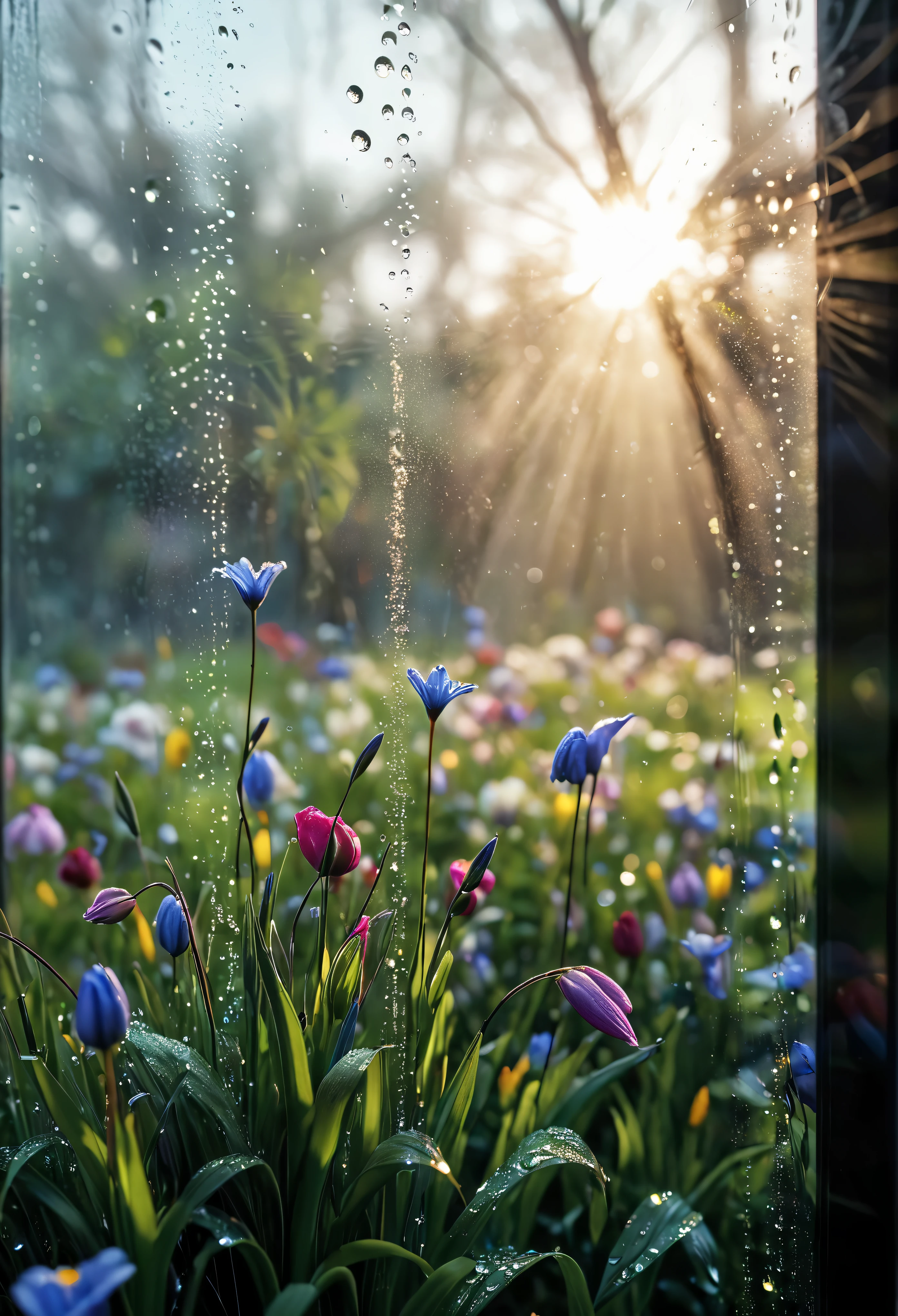 ((Masterpiece in maximum 16K resolution):1.6),((soft_color_photograpy:)1.5), ((Ultra-Detailed):1.4),((Movie-like still images and dynamic angles):1.3), ((motion blur):1.1),((Ultra wide angle):1.5),((macro lens photo):1.3). | (Macro shot of glass window with dripping morning dews), (glass window overlooking a garden at spring morning), award winning masterpiece with incredible details, epic stunning, ((morning dews):1.2), ((thin morning mist):1.1), ((tyndall effect):1.1), ((morning at spring ):1.2), ((spring flowers):1.2), ((fresh atmosphere):1.1), (shimmer), (visual experience), (Realism), (Realistic), award-winning graphics, dark shot, film grain, extremely detailed, Digital Art, rtx, Unreal Engine, scene concept anti glare effect, All captured with sharp focus. Rendered in ultra-high definition with UHD and retina quality, this masterpiece ensures anatomical correctness and textured skin with super detail. With a focus on high quality and accuracy, this award-winning portrayal captures every nuance in stunning 16k resolution, immersing viewers in its lifelike depiction. Avoid extreme angles or exaggerated expressions to maintain realism. ((perfect_composition, perfect_design, perfect_layout, perfect_detail, ultra_detailed)), ((enhance_all, fix_everything)),