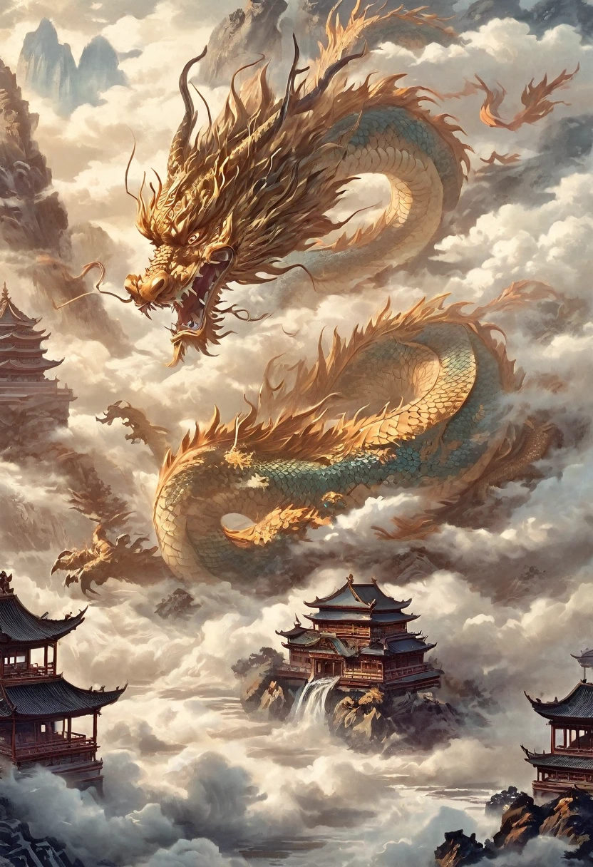 An oriental dragon is flying in the clouds at the top of the screen，The ancient building in the middle of the picture，pavilion，antique illustration，mountains and rivers，The waves are rolling in the picture below，ink，Painted，central composition