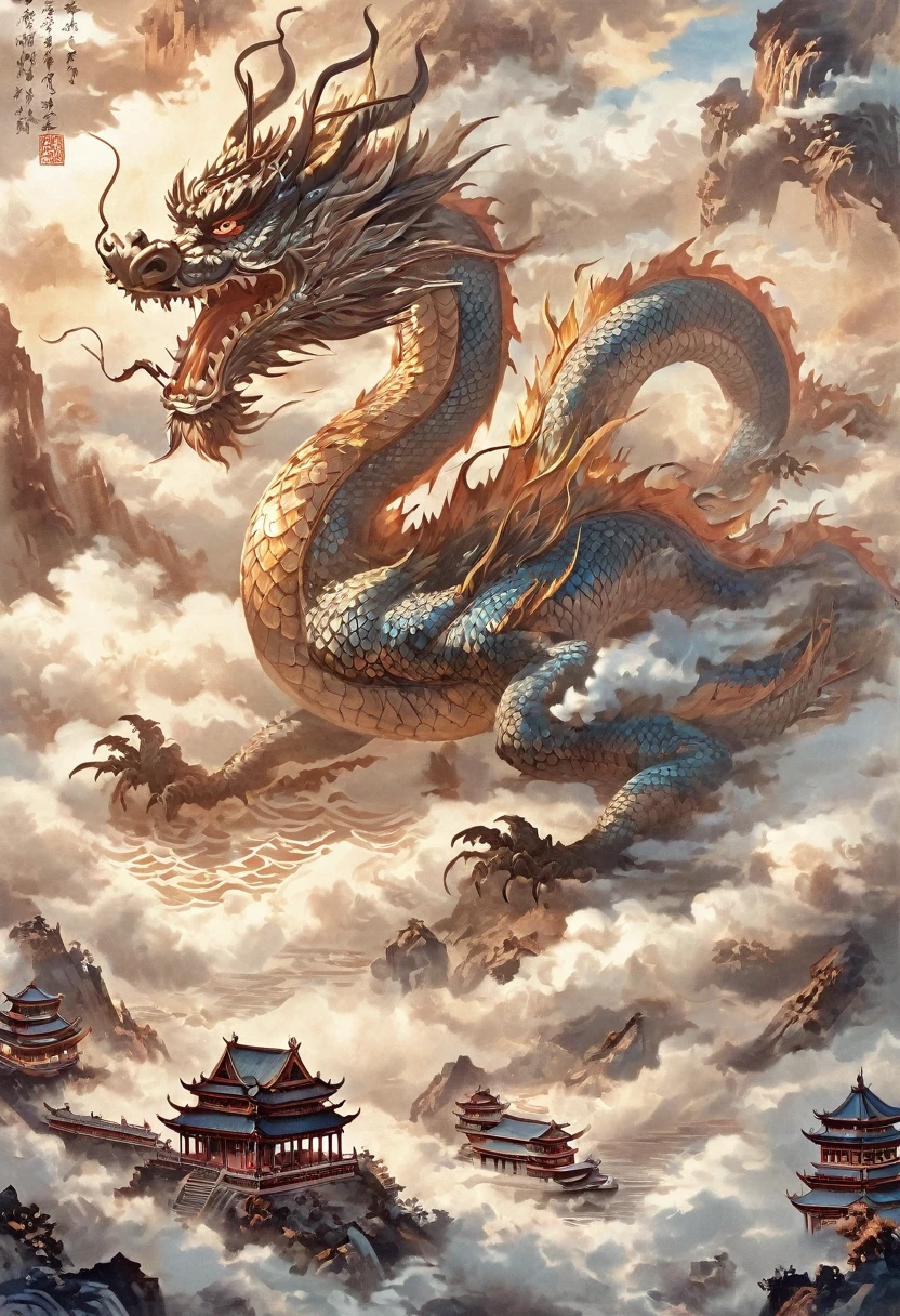 An oriental dragon is flying in the clouds at the top of the screen,The ancient building in the middle of the picture,pavilion,antique illustration,mountains and rivers,The waves are rolling in the picture below,ink,Painted,central composition