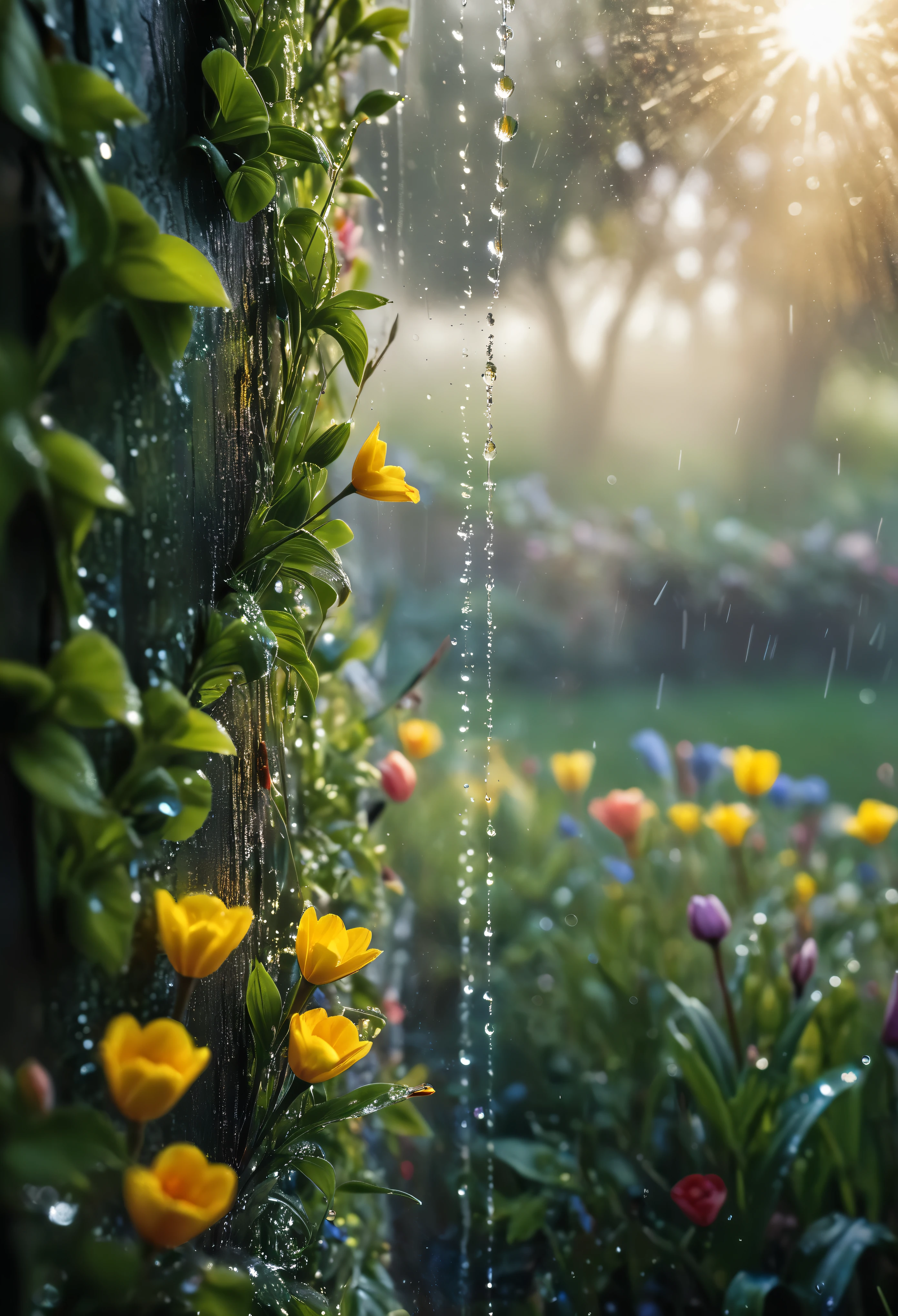 ((Masterpiece in maximum 16K resolution):1.6),((soft_color_photograpy:)1.5), ((Ultra-Detailed):1.4),((Movie-like still images and dynamic angles):1.3), ((motion blur):1.1),((Ultra wide angle):1.5),((macro lens photo):1.3). | (Macro shot of window with dripping morning dews), (window overlooking a garden at spring morning), award winning masterpiece with incredible details, epic stunning, ((morning dews):1.2), ((thin morning mist):1.1), ((tyndall effect):1.1), ((morning at spring ):1.2), ((spring flowers):1.2), ((fresh atmosphere):1.1), (shimmer), (visual experience), (Realism), (Realistic), award-winning graphics, dark shot, film grain, extremely detailed, Digital Art, rtx, Unreal Engine, scene concept anti glare effect, All captured with sharp focus. Rendered in ultra-high definition with UHD and retina quality, this masterpiece ensures anatomical correctness and textured skin with super detail. With a focus on high quality and accuracy, this award-winning portrayal captures every nuance in stunning 16k resolution, immersing viewers in its lifelike depiction. Avoid extreme angles or exaggerated expressions to maintain realism. ((perfect_composition, perfect_design, perfect_layout, perfect_detail, ultra_detailed)), ((enhance_all, fix_everything)), More Detail, Enhance.