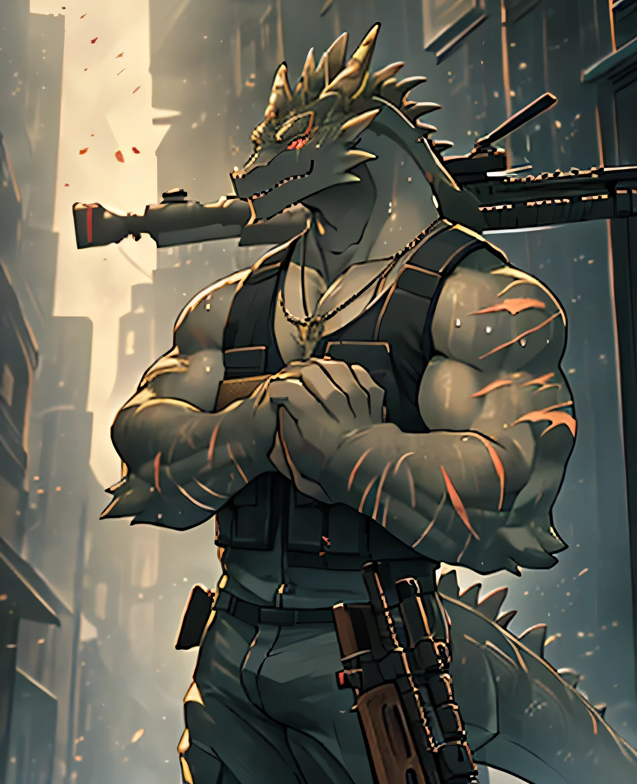 (dragon), two colors, Scars on the face, With sunglasses on his head,Necklace hanging around the neck,(muscular body:1.3), There is a scar on the face, Handsome, OK,(Scars on the face), on the street,(Express),(city background),(with scars on face:1.2),look at screen,(dragon horn),(Dragon tail),perfect masterpiece,(16K),alone,((Strong)),,(hands crossed),(dick:1.2),Perfect proportion,front,hands crossed,sweat,(hands crossed:1.5),(gun in hand:1.3),(fierce expression:1.2),(Vision:1.5),(with rifle in hands:1.8),Strong,muscle,with dragon wings,more details,CG,(dragon), torso,((gun in hand)), (Bulletproof vest)),serious expression