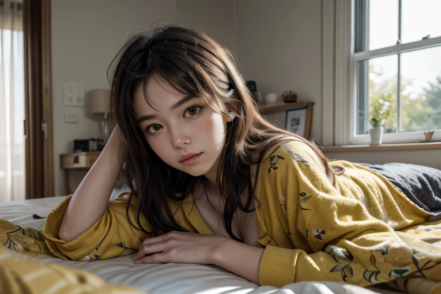 painting of a beautiful girl with messy hair, lying on the bed, one arm on her eyes, wearing yellow floral pajamas, blanket covering half of her body, minimalist bed, morning atmosphere, comfortable bedroom with indoor plants, sunshines slipping through the window. there was writing on the wall "I need sleep and coffee". ghibli anime style. vibrant colors.contrast.
I wasn't expecting sensual images, but Bing gave me sensual images, and several times the prompt was blocked.