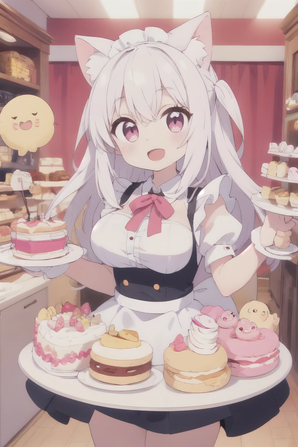 white hair,straight hair,light pink eyes,cat girl,Big breasts,White cat ears,open mouth,Smile, Multiple colors of hair, sweet maid, random cute faces, 超级幸福的Smile, open mouth, group picture, Zoom camera, Sweet tea , Lots of cakes, Macaron, chocolate, perfect, biscuit, land of candy