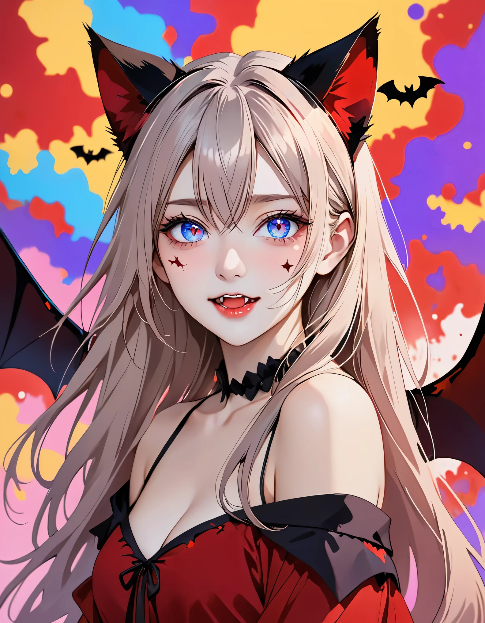 (masterpiece, best quality), ((1 girl, (adult) long hair), (star shaped pupils, +_+, Symbol shaped pupils, Bright Eyes), (cat ears, open mouth)), (looking at the audience, faint smile, Off the shoulders), (Abstract, colorful background, Abstract background, Color difference), vampire, There is blood on the face, There are blood stains on the clothes, bat wings
