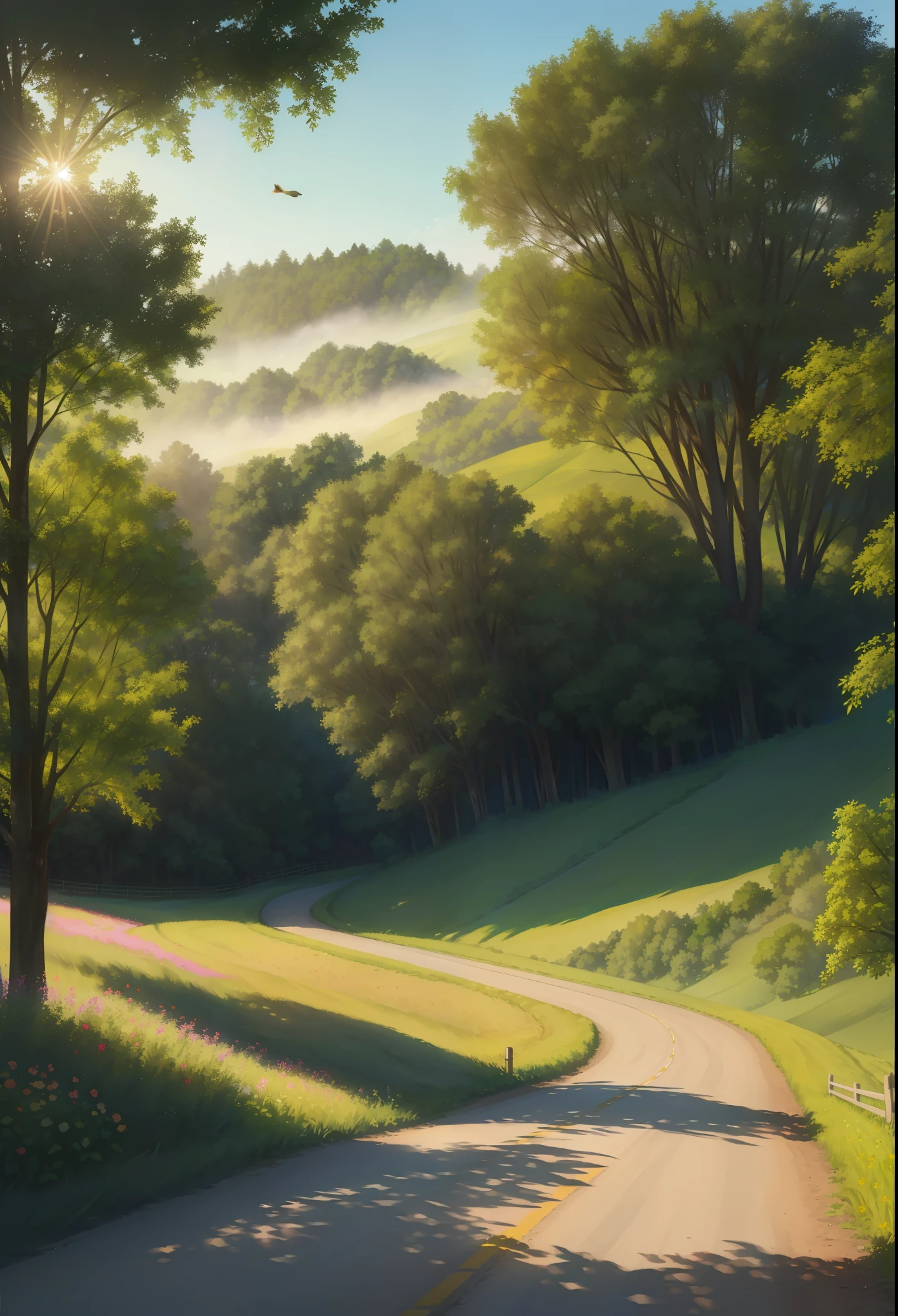 A peaceful countryside road in the morning sunlight, with green leaves gently swaying in the breeze. The fields are vibrant with lush green wheat crops, exuding a sense of vitality. In the distance, a bird happily sings on a branch, welcoming the new day. The air is filled with a faint floral fragrance, creating a serene and comfortable atmosphere. The entire scene radiates the essence of spring, brimming with energy and joy. Medium: Watercolor painting, soft pastels Additional details: Rustic wooden fences lining the road, a quaint old-fashioned water well, wildflowers dotted along the path Image quality: (best quality,4k,8k,highres,masterpiece:1.2), ultra-detailed, (realistic,photorealistic,photo-realistic:1.37), HDR, vivid colors, sharp focus Art style: Landscape, impressionistic Color tones: Soft pastel hues, earthy greens and browns Lighting: Gentle, warm morning sunlight filtering through the mist
