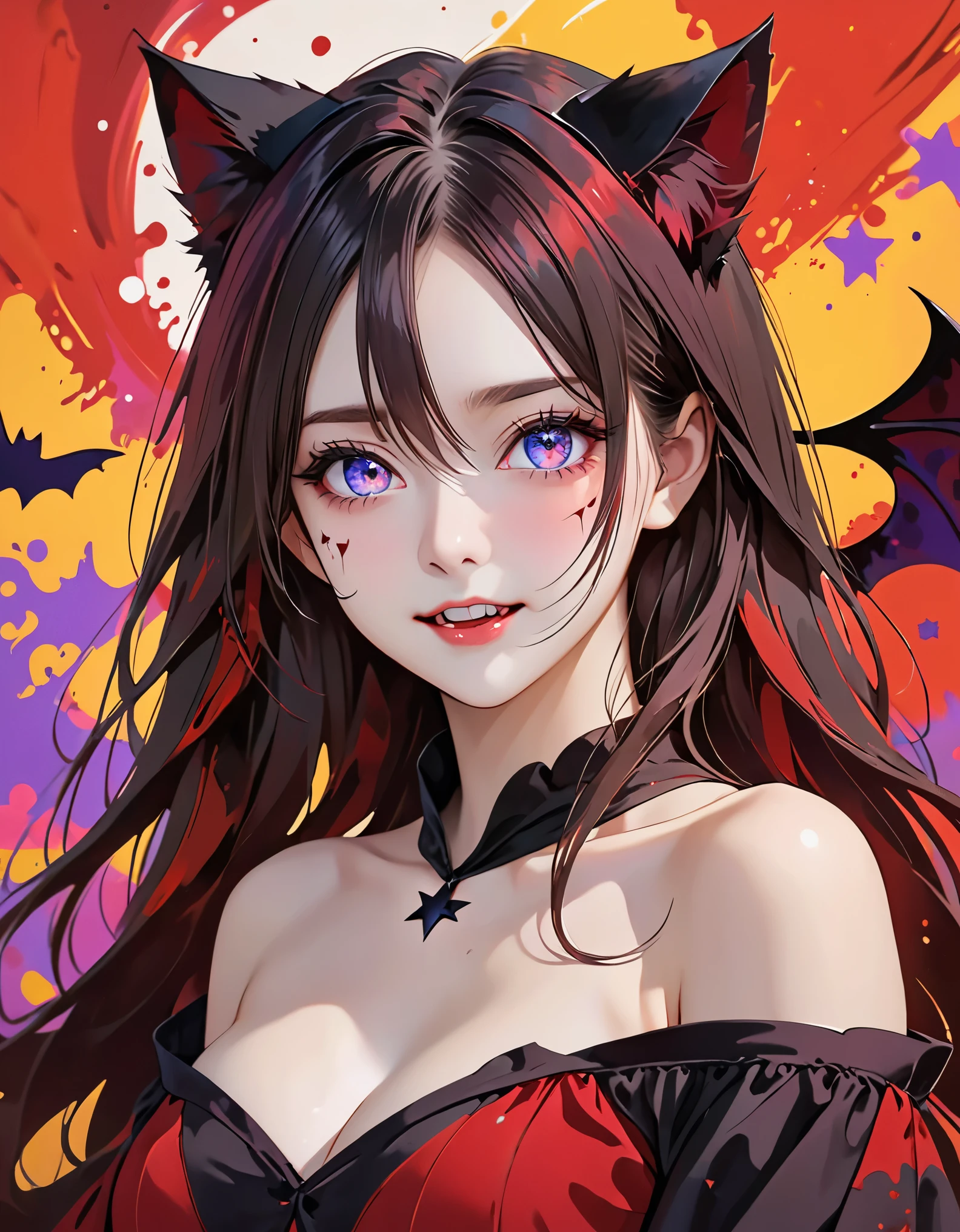 (masterpiece, best quality), ((1 girl, (adult) long hair), (star shaped pupils, +_+, Symbol shaped pupils, Bright Eyes), (cat ears, open mouth)), (looking at the audience, faint smile, Off the shoulders), (Abstract, colorful background, Abstract background, Color difference), vampire, There is blood on the face, There are blood stains on the clothes, bat wings