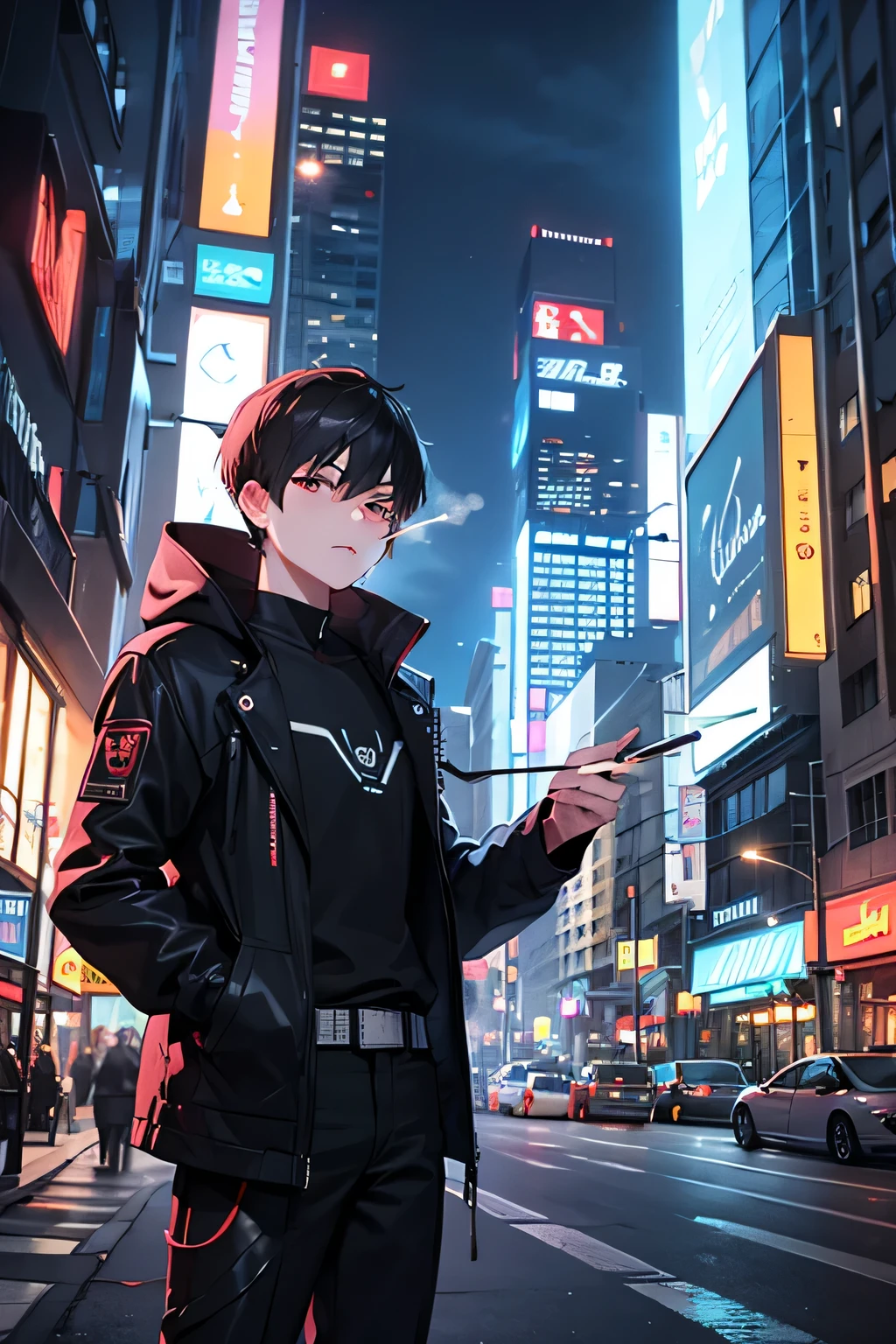 Neon Sign,futuristic,city,cyborg,cigarette,1boy,solo,best quality,ultra-detailed,sharp focus,