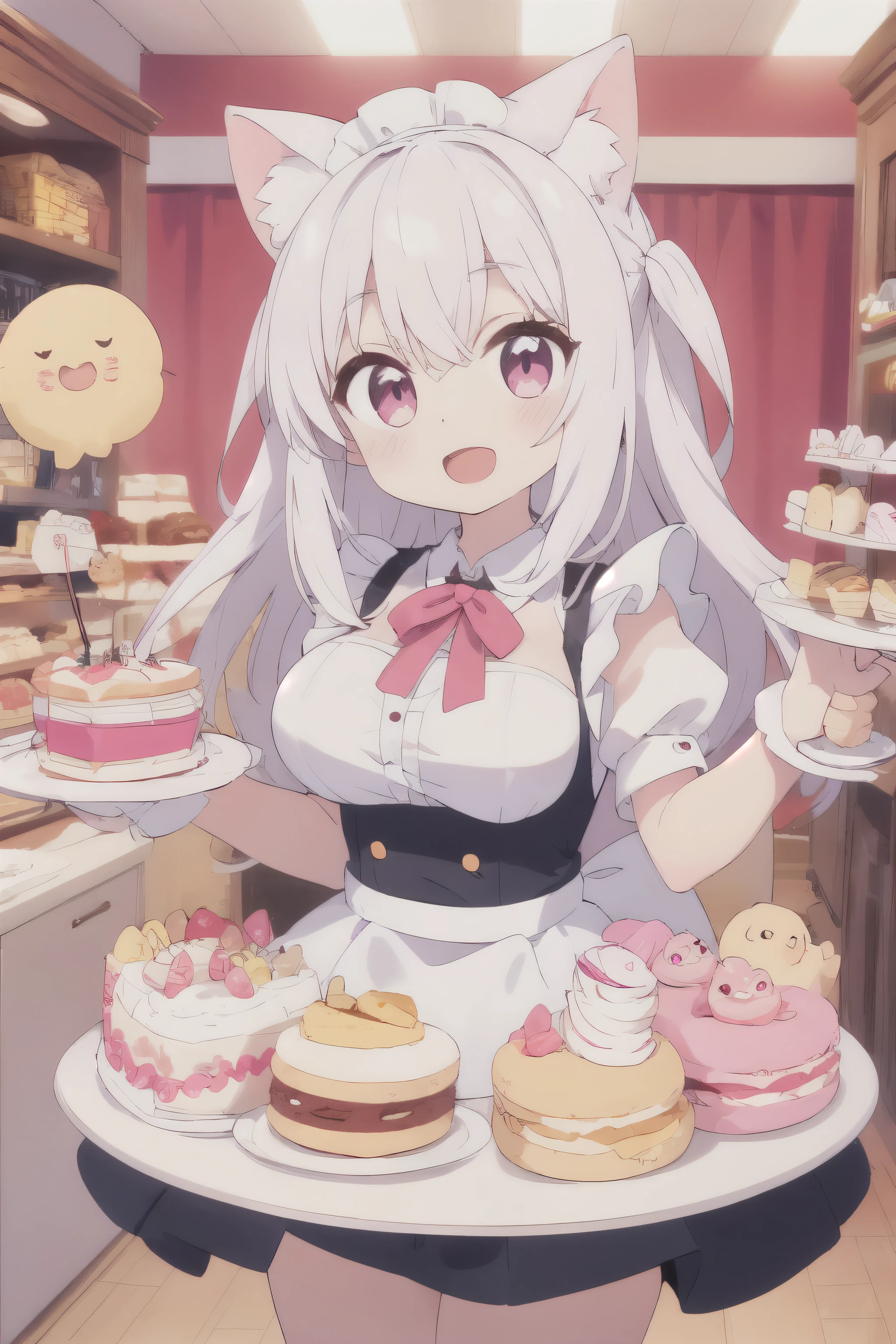 white hair，straight hair，light pink eyes，cat girl，Big breasts，White cat ears，open mouth，Smile， Multiple colors of hair, sweet maid, random cute faces, Super happy smile, open mouth, group picture, Zoom camera, Sweet tea , Lots of cakes, Macaron, chocolate, perfect, biscuit, land of candy