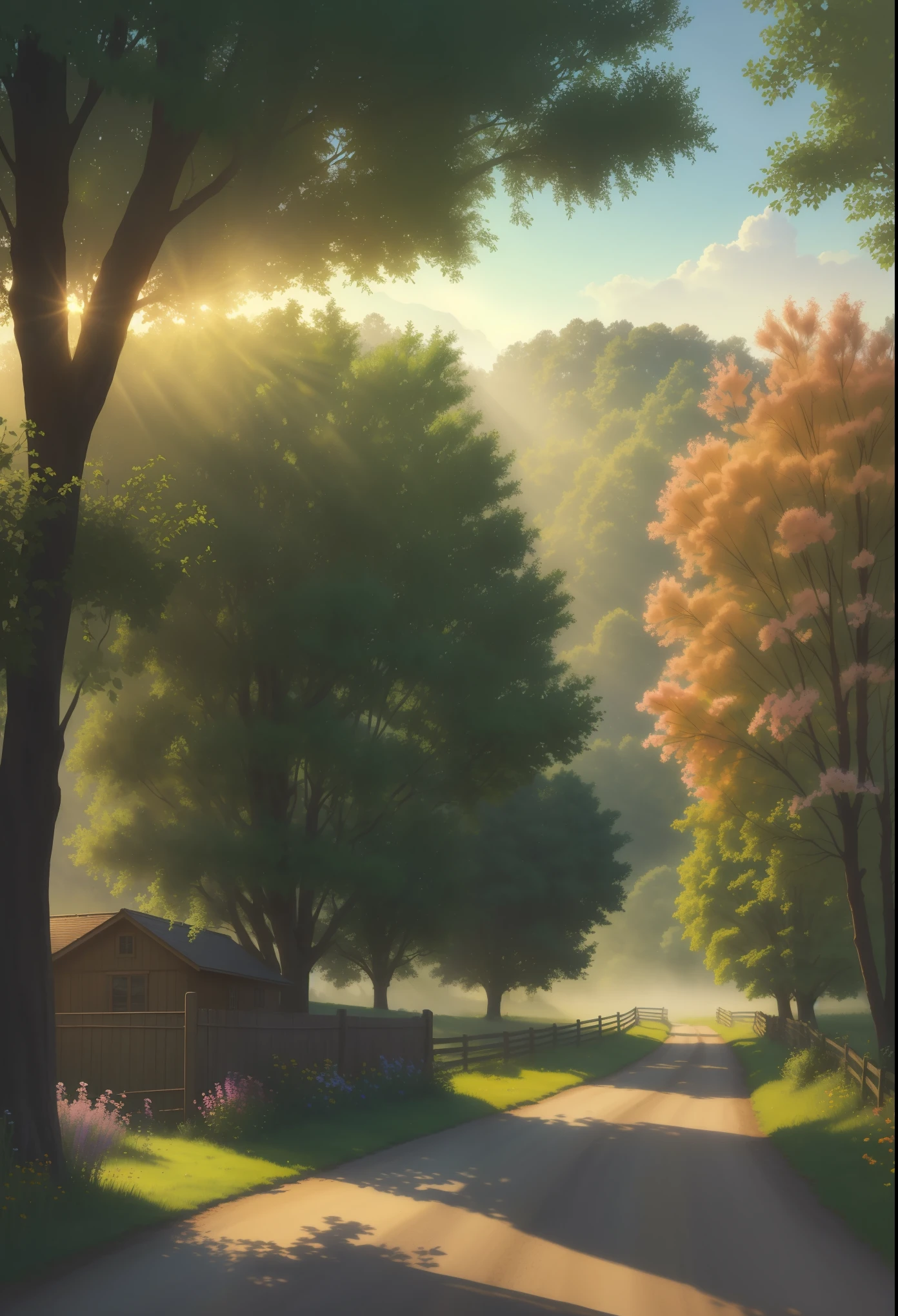 A peaceful countryside road in the morning sunlight, with green leaves gently swaying in the breeze. The fields are vibrant with lush green wheat crops, exuding a sense of vitality. In the distance, a bird happily sings on a branch, welcoming the new day. The air is filled with a faint floral fragrance, creating a serene and comfortable atmosphere. The entire scene radiates the essence of spring, brimming with energy and joy. Medium: Watercolor painting, soft pastels Additional details: Rustic wooden fences lining the road, a quaint old-fashioned water well, wildflowers dotted along the path Image quality: (best quality,4k,8k,highres,masterpiece:1.2), ultra-detailed, (realistic,photorealistic,photo-realistic:1.37), HDR, vivid colors, sharp focus Art style: Landscape, impressionistic Color tones: Soft pastel hues, earthy greens and browns Lighting: Gentle, warm morning sunlight filtering through the mist