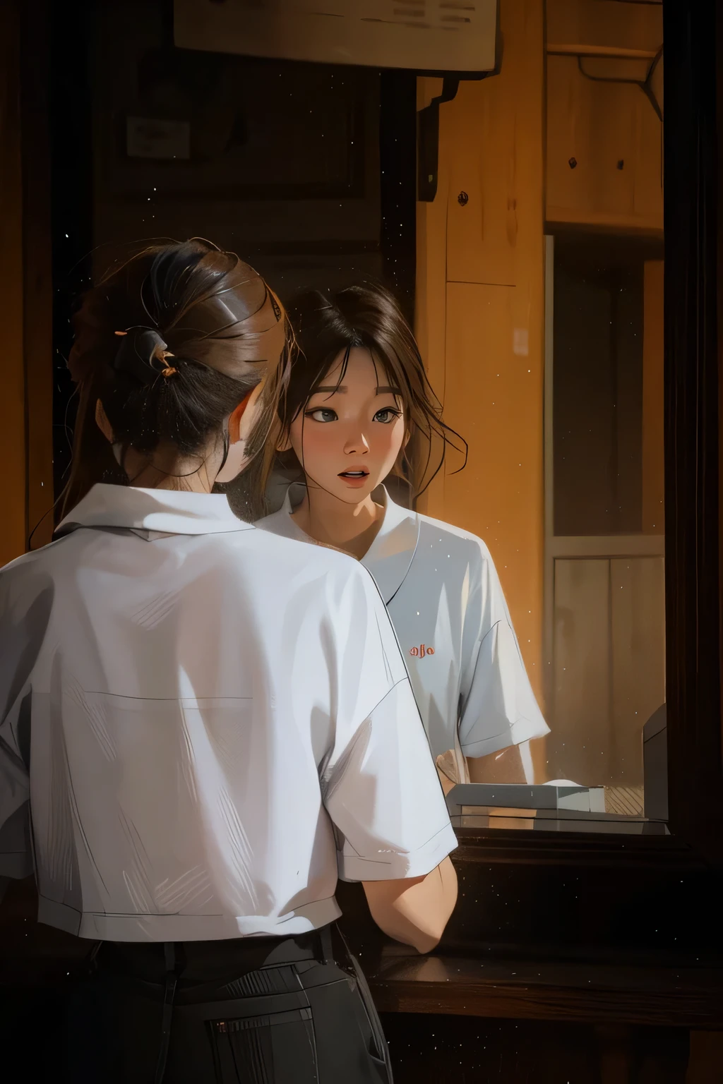 A woman in regular clothes looks at herself in the mirror and expresses herself crying sadly, mid-journey style. The sadness is completely melted in the corners of her eyes., Lips show a slight tremor. The whole body is drawn in arepe style., The outfit is everyday jeans and a tight t-shirt.. [crying sadly | beautiful woman]:1.3, [full body view | sad expression]:1.2, [a crying voice | deep feeling]:1.1