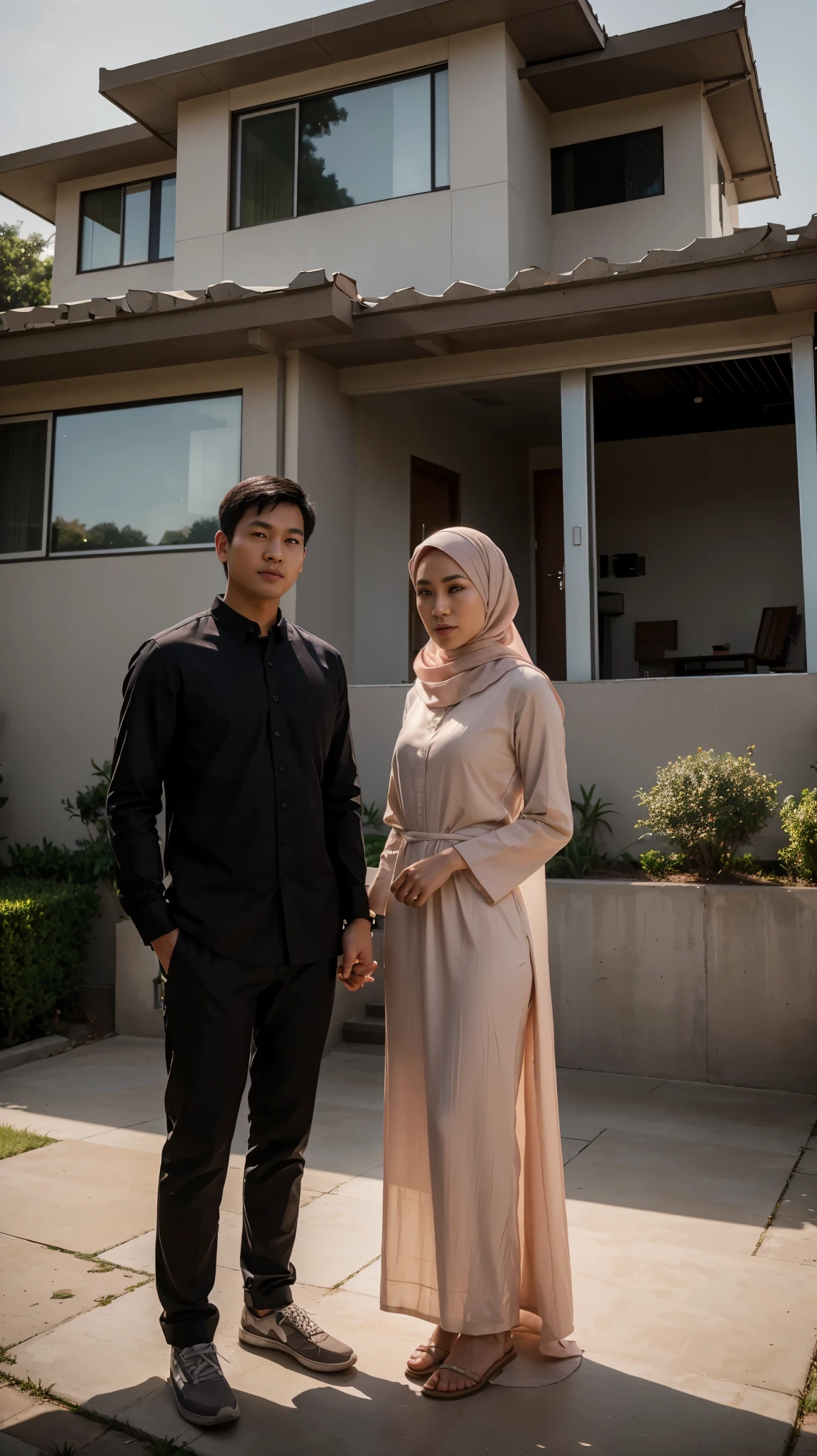 (a full body shot photo,an asian husband and wife,romantic pose,standing in front of their house,facing straight to the camera,Husband:wearing shirt and pants,Wife:wearing hijab and long dress,detailed face features,house: modern architecture) (best quality,highres,ultra-detailed,realistic,photorealistic,portraits,vivid colors,sharp focus,studio lighting)