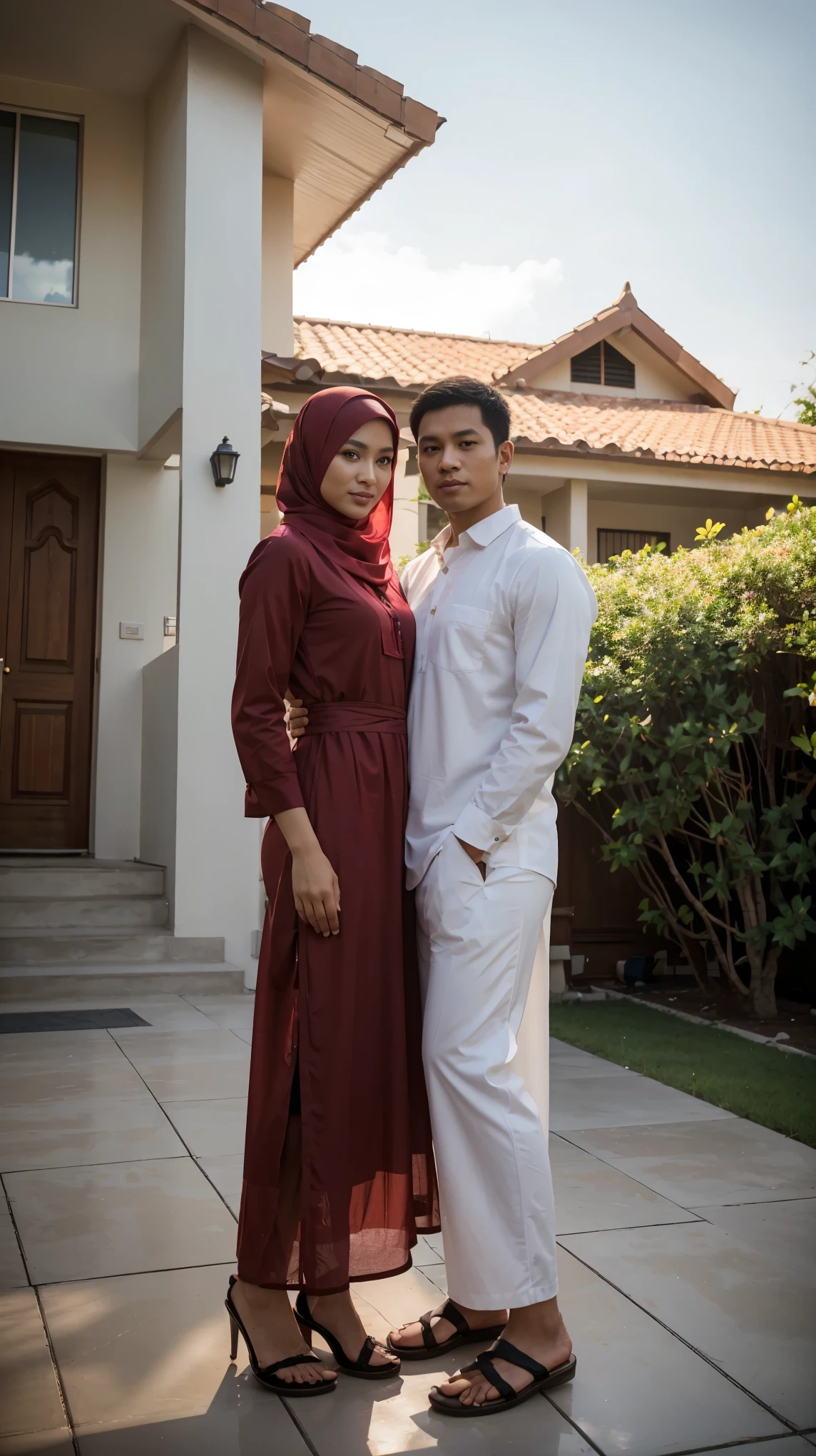 (a full body shot photo,an Indonesian husband and wife,handsome husband,beautiful wife,romantic pose,standing in front of their house,facing straight to the camera,Husband:wearing shirt and pants,Wife:wearing hijab and long dress,detailed face features,house:modern architecture) (best quality,highres,ultra-detailed,realistic,photorealistic,portraits,vivid colors,sharp focus,studio lighting)